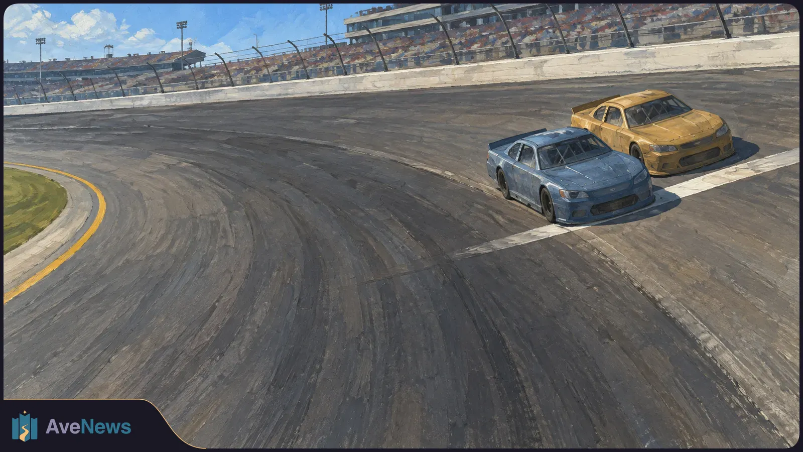 Painted view of blue and yellow stock cars side by side on a banked racetrack, with grandstands and safety fencing behind them. SI illustration