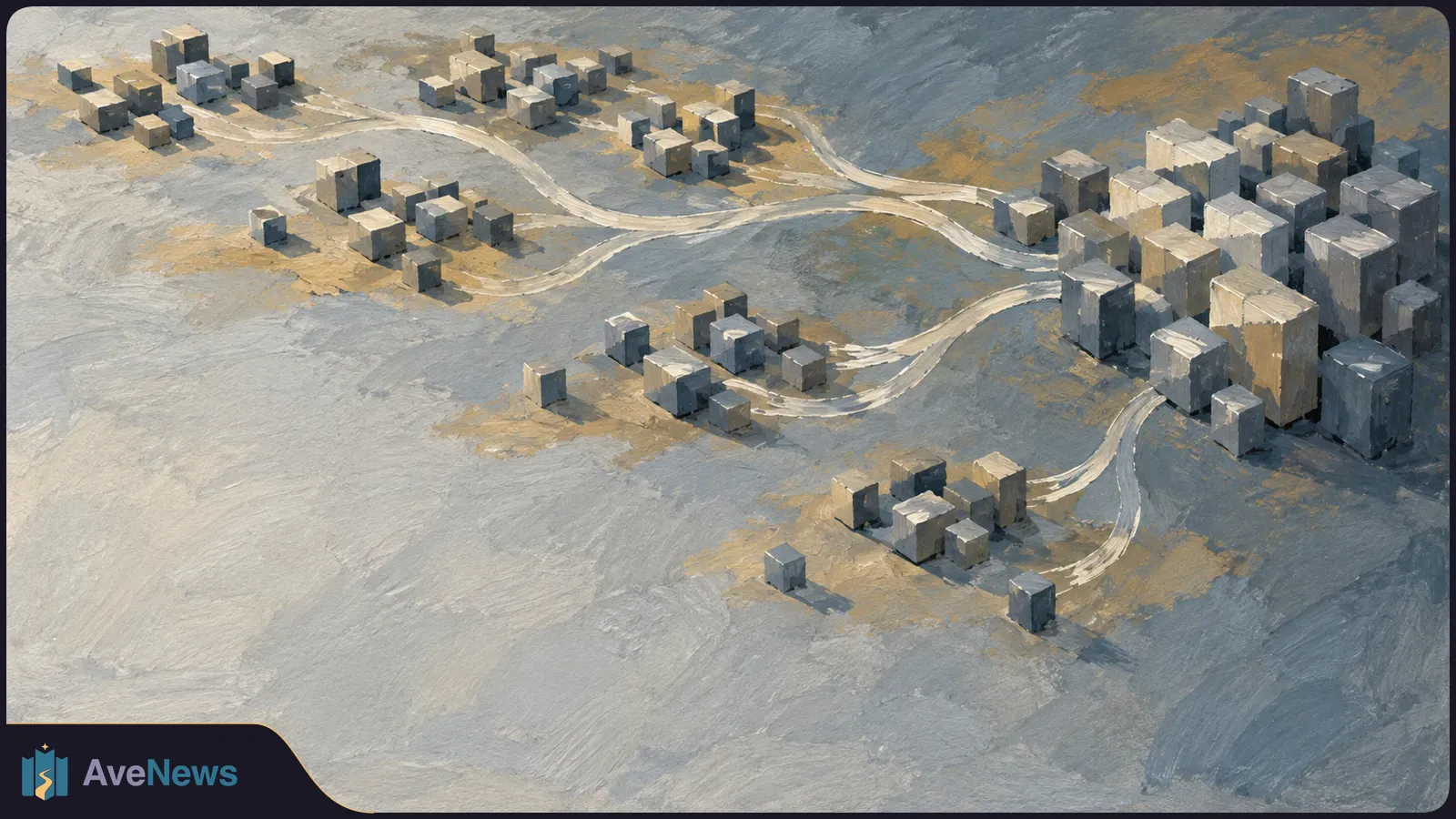 Painterly aerial view of gray and beige cube clusters linked by winding pale paths across blue-gray ground. SI illustration