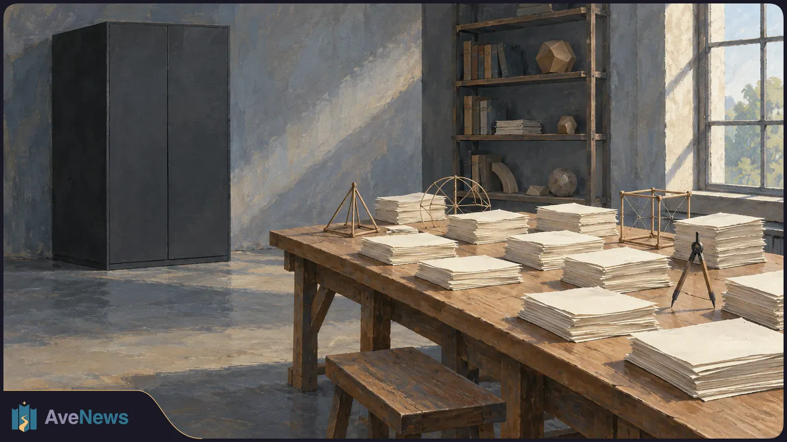 Painted room with stacks of blank papers, geometric models and a drafting compass on a wooden table; a dark cabinet, bookshelf and window stand behind. SI illustration