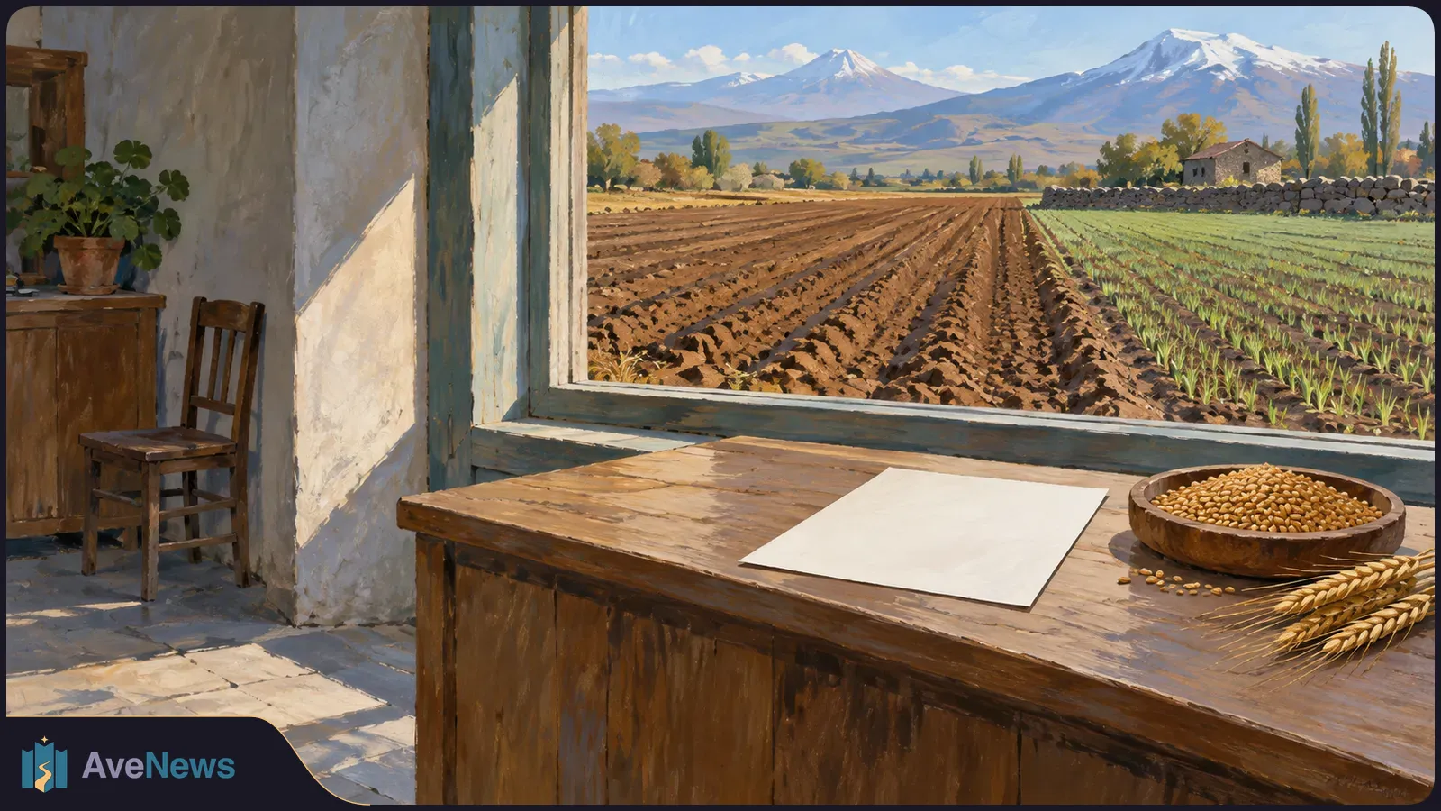 Painted farm interior with a blank sheet, a bowl of grain and wheat stalks on a wooden table; beyond the open window are plowed fields and snow-capped mountains. SI illustration