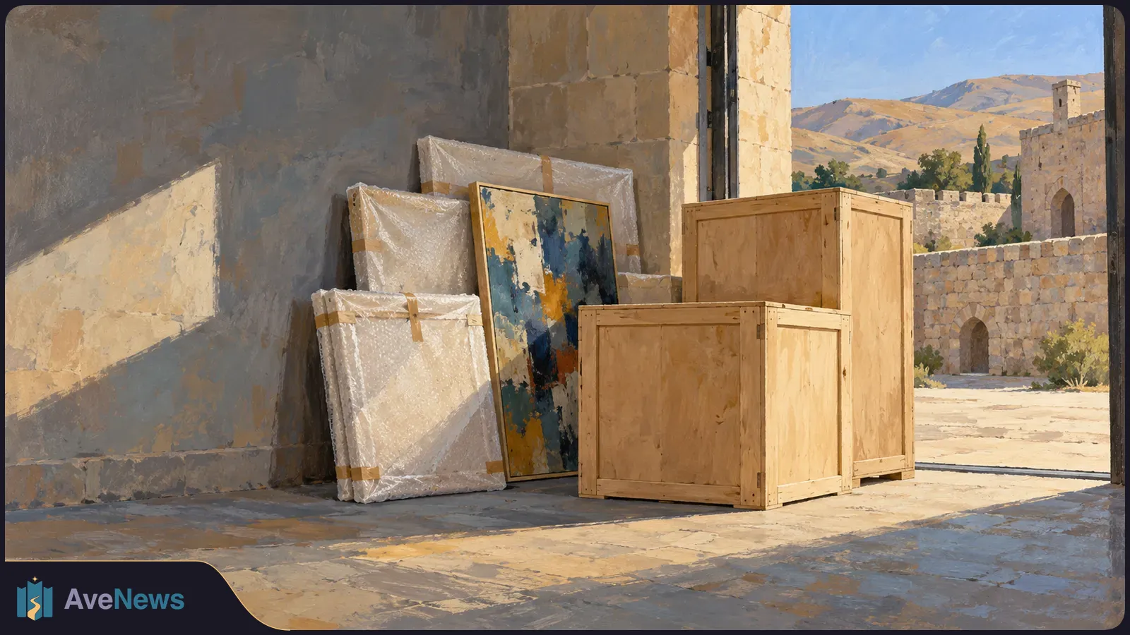 Painted scene of wrapped canvases and an abstract painting beside wooden shipping crates in a stone room, with a sunlit courtyard and hills beyond the doorway. SI illustration