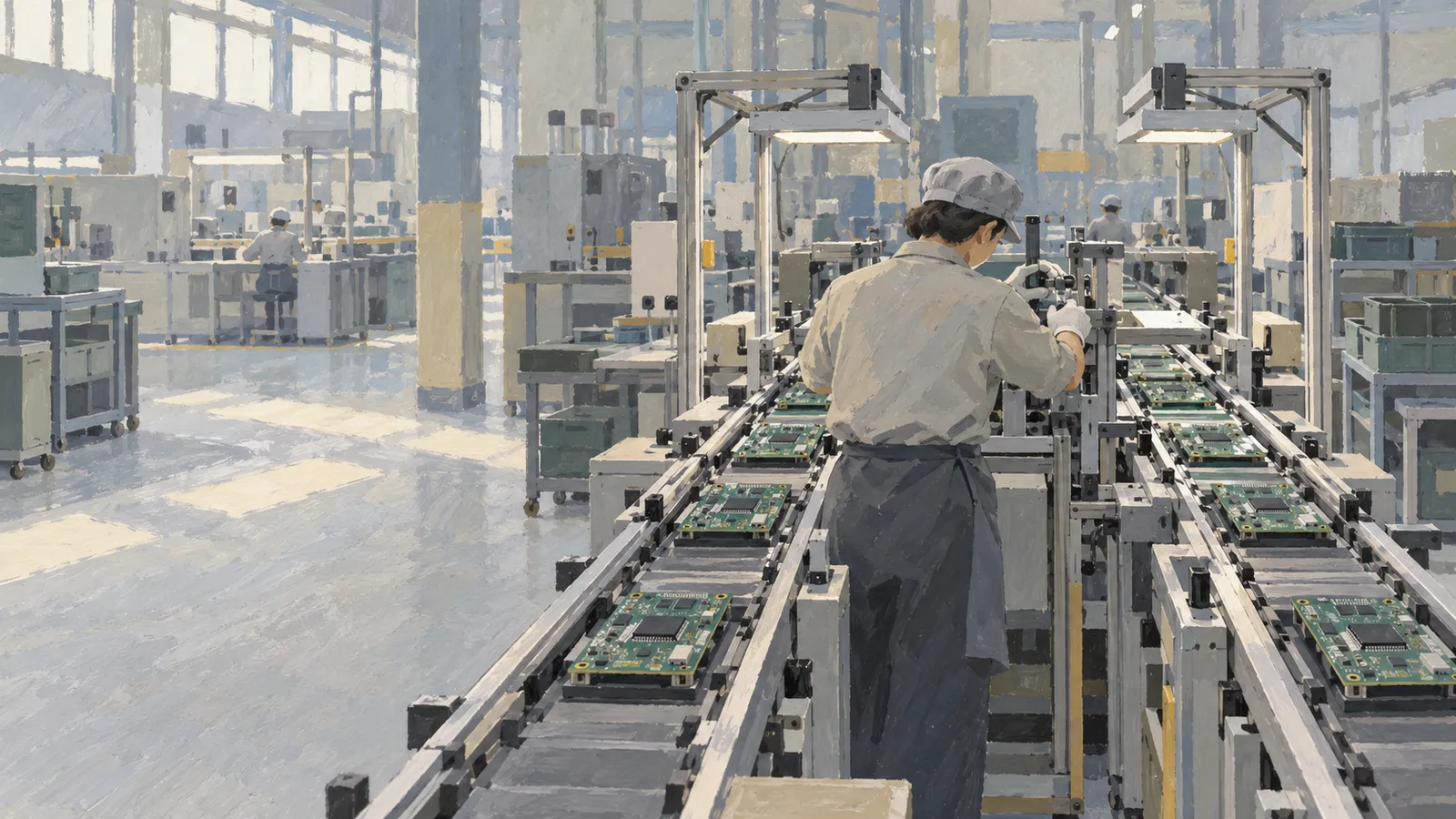 Illustration of a worker tending machinery between two conveyor belts carrying circuit boards in a bright factory. SI illustration