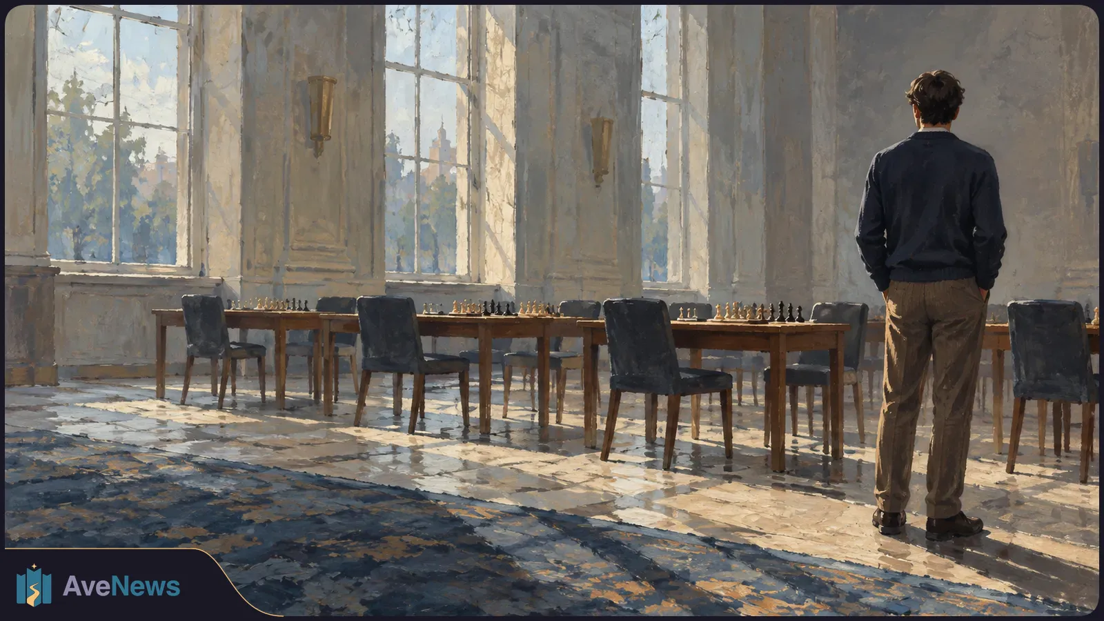 A man seen from behind stands beside rows of chessboards and chairs in a sunlit hall with tall windows. SI illustration