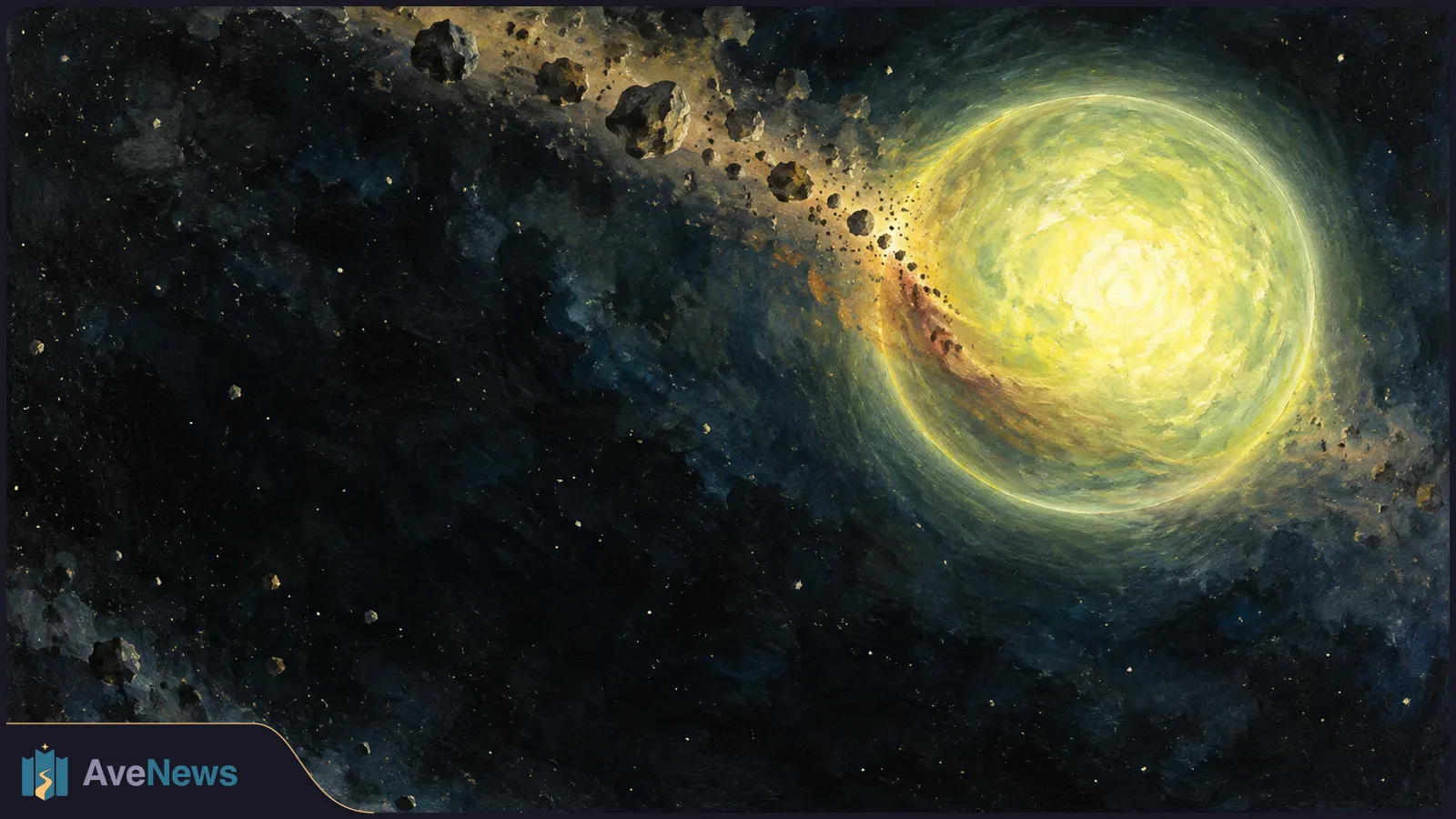 Painted space scene with a glowing yellow-green star and dark rocky debris arcing past it against a star-speckled background. SI illustration