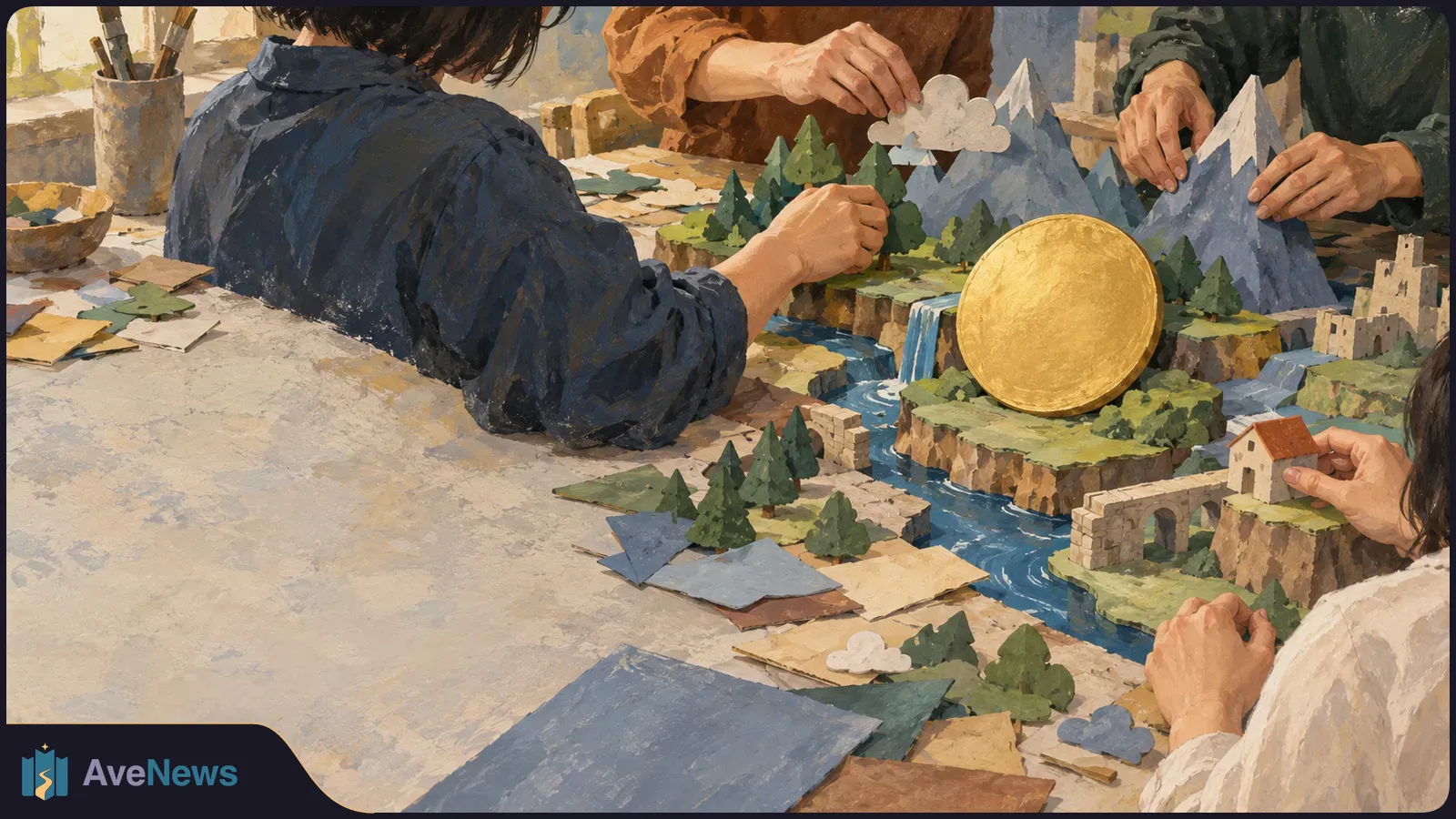 Painterly illustration of people arranging paper trees, clouds and mountains around a river in a tabletop diorama, with a large gold disc at its center. SI illustration