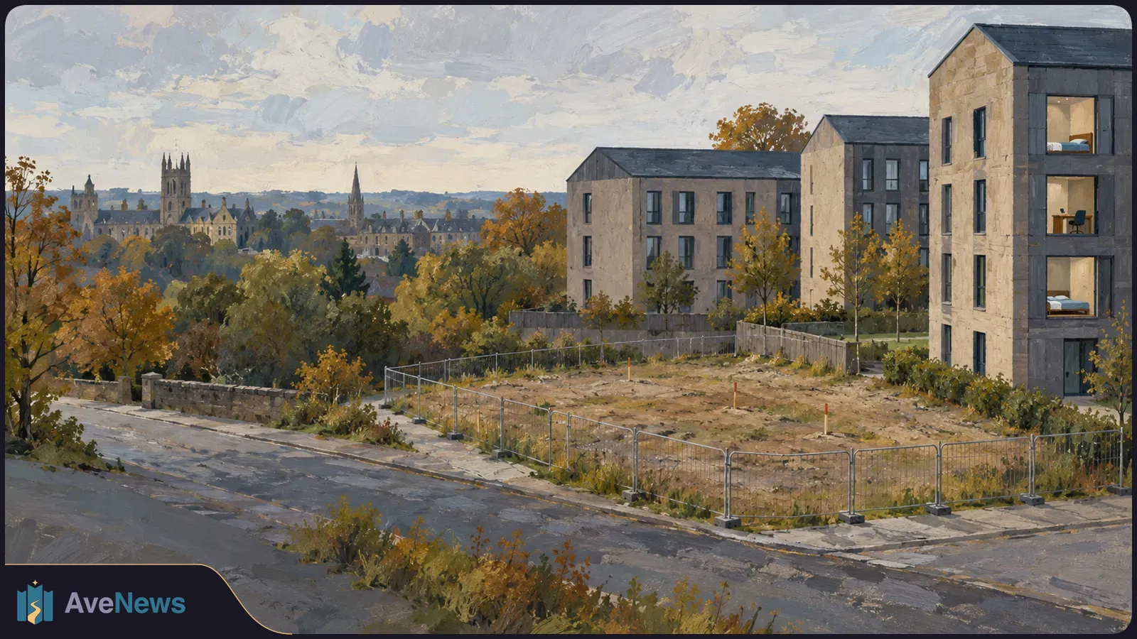 Painted view of a fenced, empty plot beside modern apartment buildings, with autumn trees and a university skyline in the distance. SI illustration