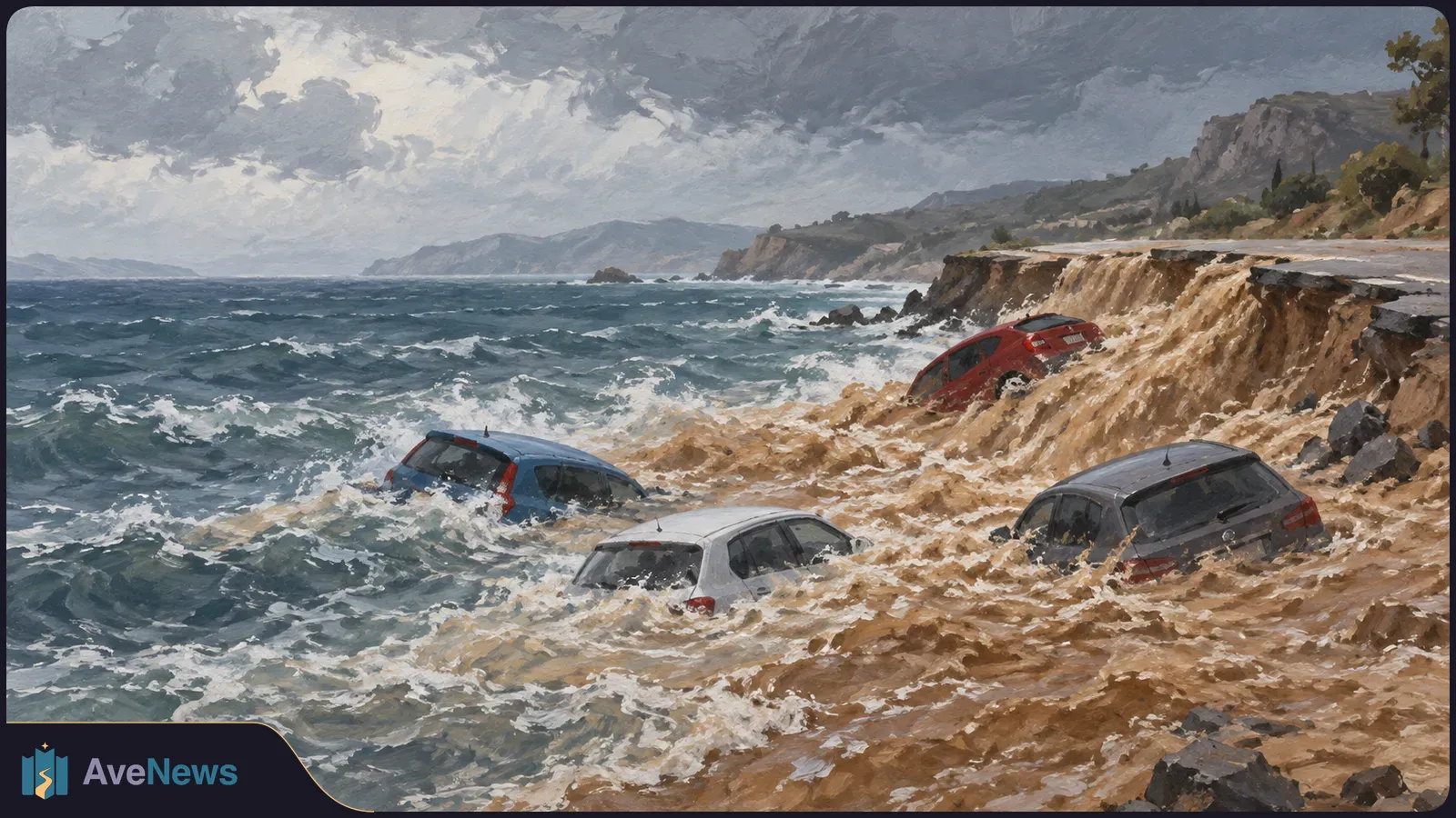 Painterly scene of four cars caught in churning water beside a coastal road, with waves, rocky hills and dark clouds. SI illustration