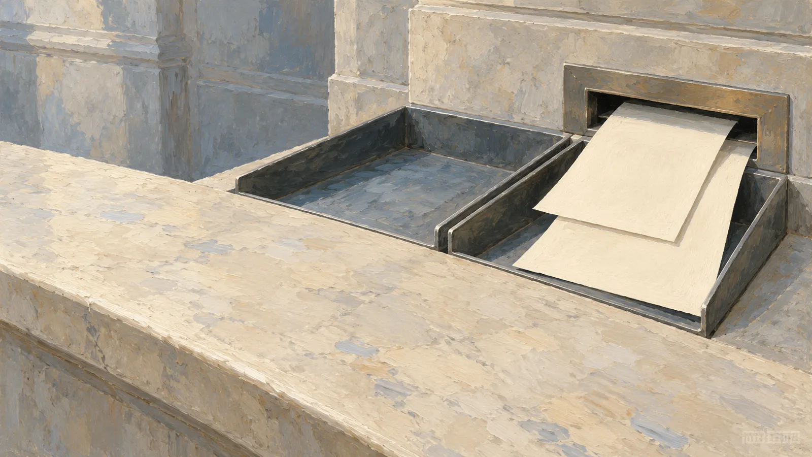A painterly illustration of two dark trays set into a pale stone counter, with blank sheets emerging from a slot above the right tray. SI illustration