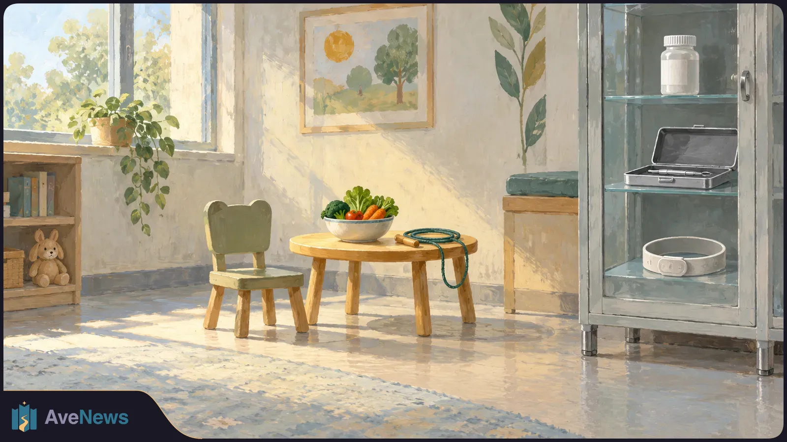A sunlit painted room with a small chair beside a table holding vegetables and a jump rope. A glass cabinet holds a medicine bottle, an open case and a white band. SI illustration