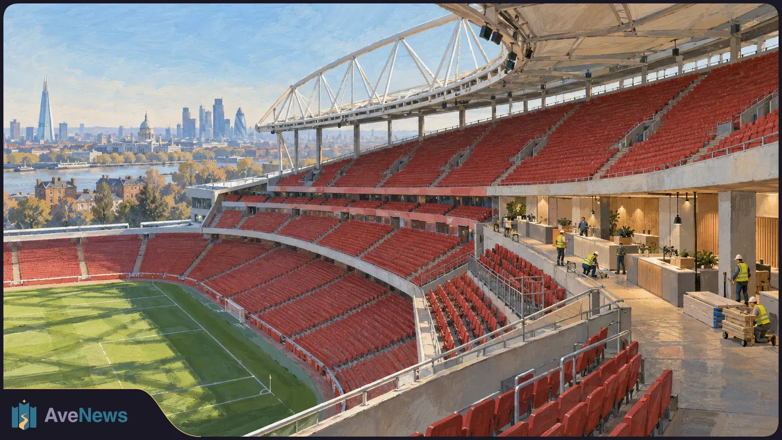 Illustration of a football stadium with red seats and a green pitch. Workers in safety vests are at an open concourse with counters; a city skyline lies beyond. SI illustration