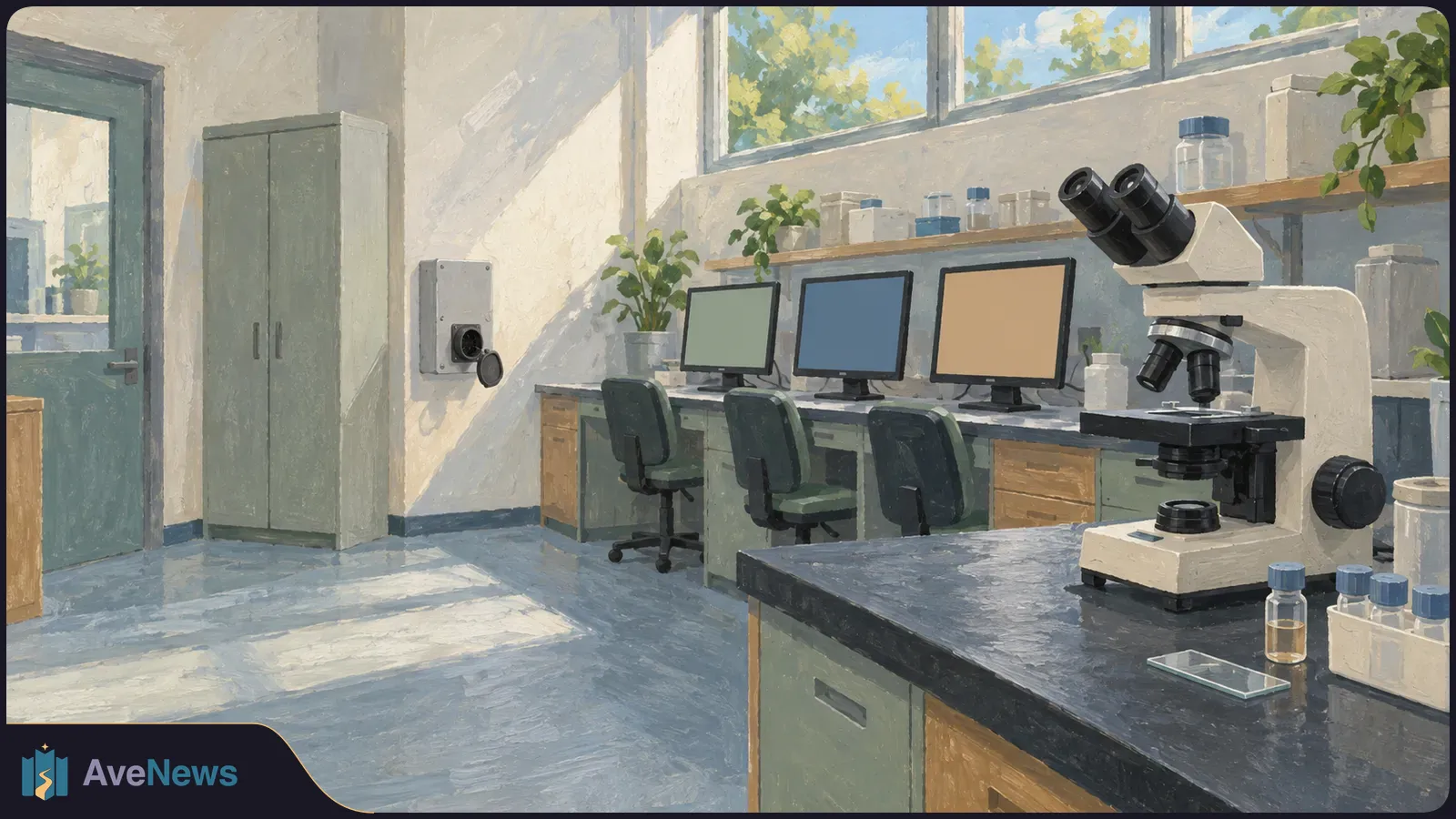 Painted, sunlit laboratory with a microscope on a dark bench, three blank monitors, chairs, bottles and plants by large windows. SI illustration
