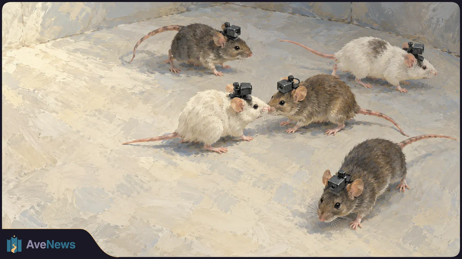 Illustration of five mice in a pale enclosure, each with a small black device mounted on its head; two mice face each other in the center. SI illustration