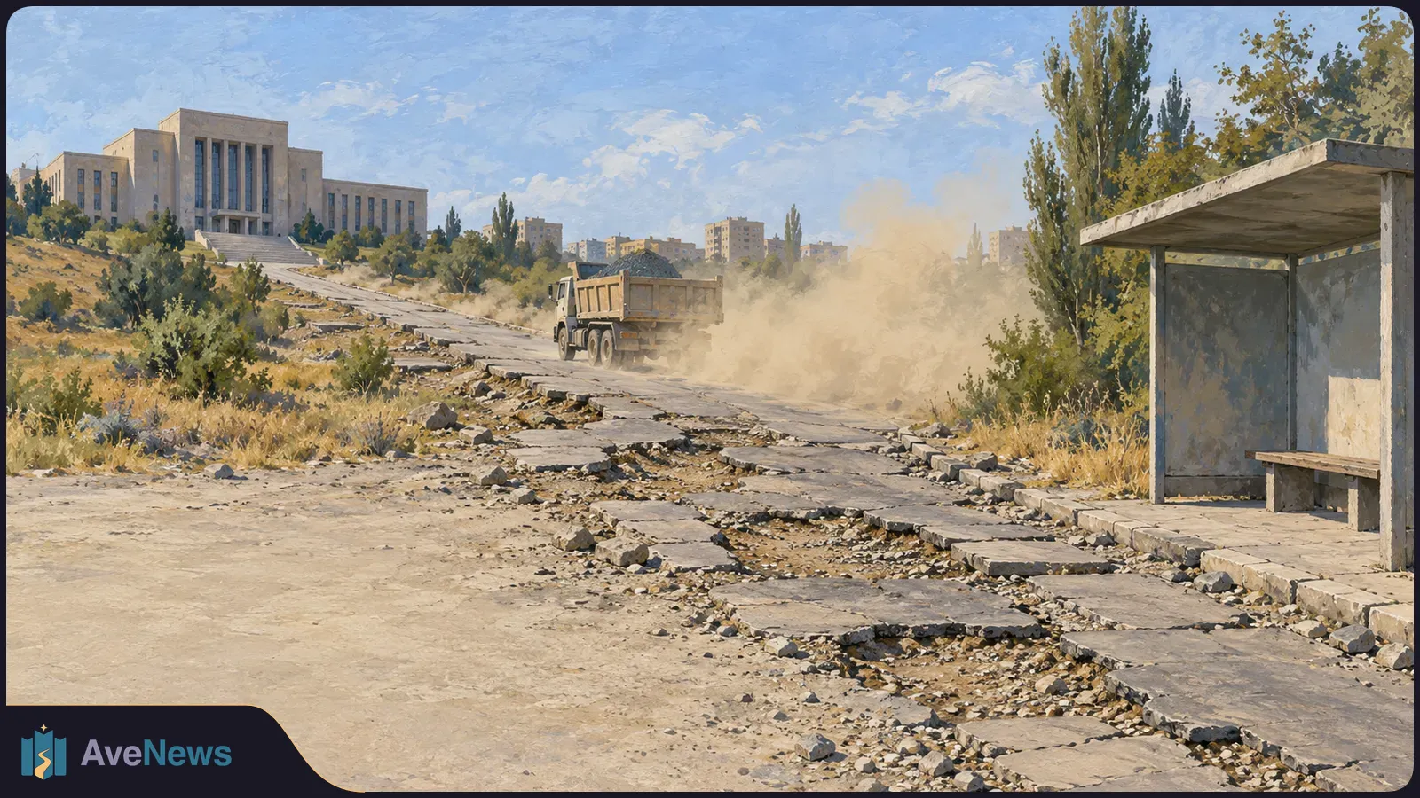 A dump truck raises dust along a badly broken road toward a large building; an empty bus shelter stands beside the damaged pavement. Painterly illustration. SI illustration