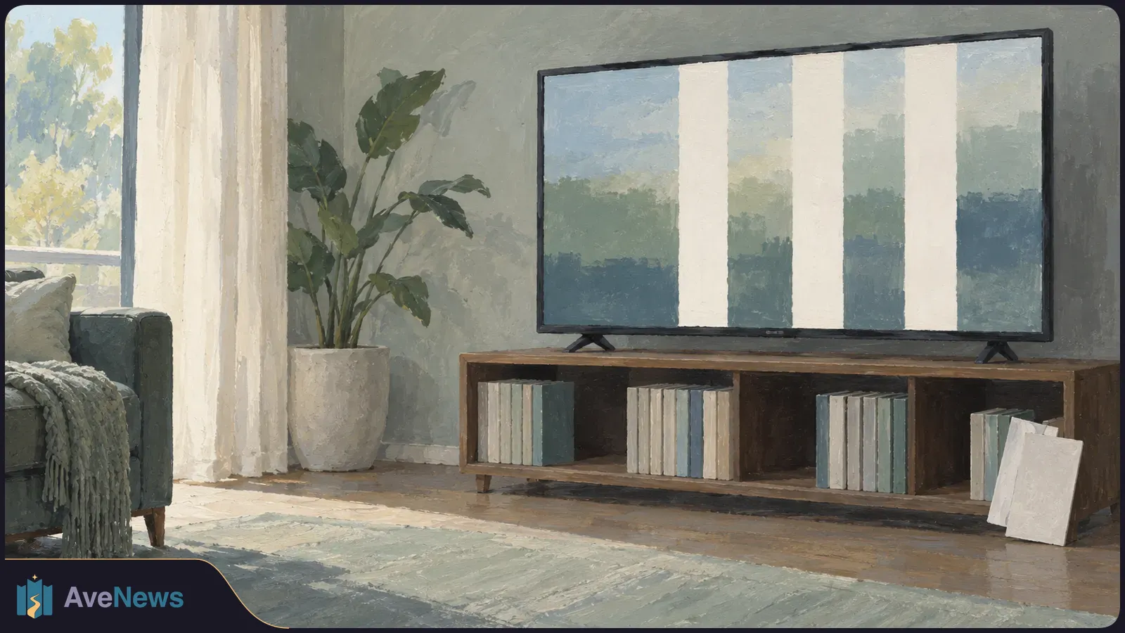 Painted living room with a TV showing a muted landscape interrupted by three blank white bands, beside a plant, sofa and shelves of books. SI illustration