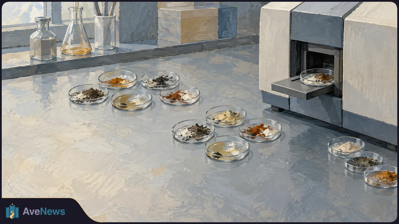 Painted laboratory bench with glass dishes holding powders of different colors beside a large analytical instrument with an open sample tray. SI illustration