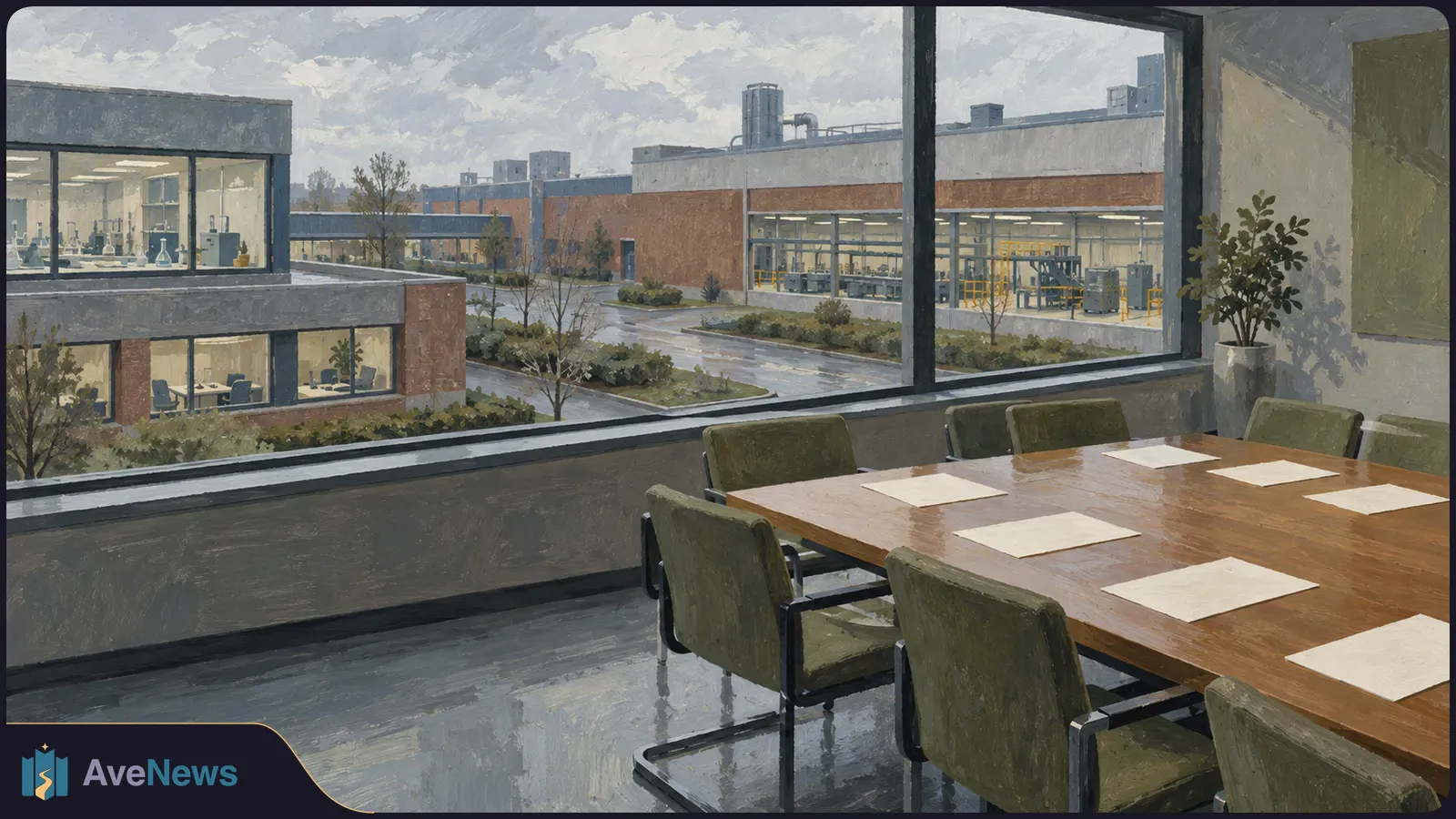 Painted meeting room with a wooden table, green chairs and blank sheets. Large windows overlook a laboratory and industrial buildings. SI illustration
