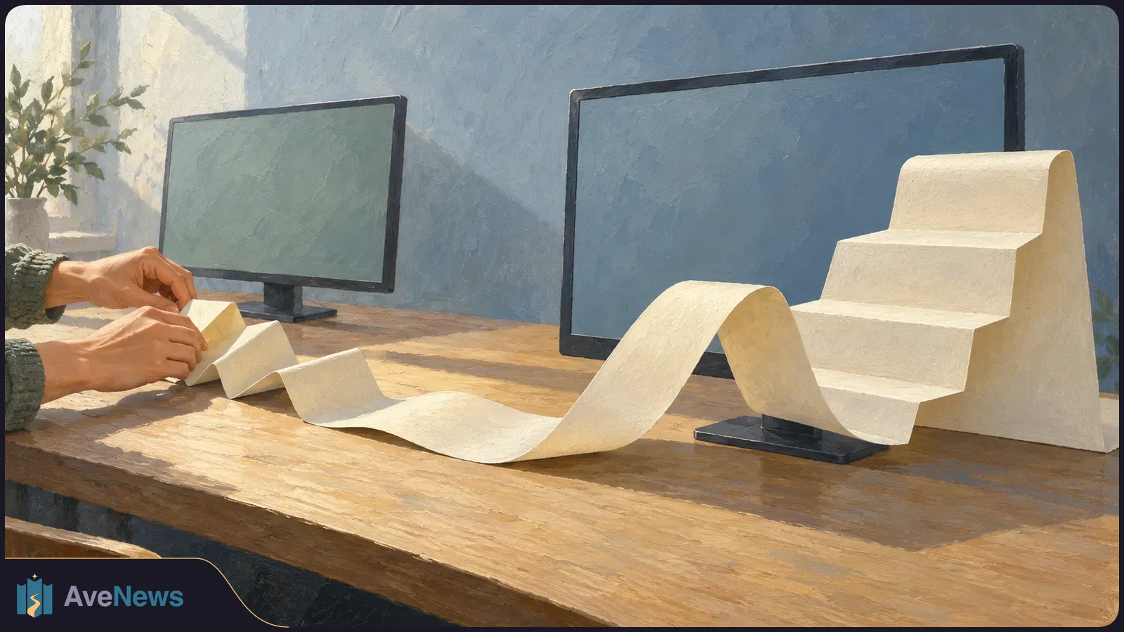 Hands fold a long blank paper strip across a wooden desk between two blank monitors; the strip rises into steps on the right. SI illustration