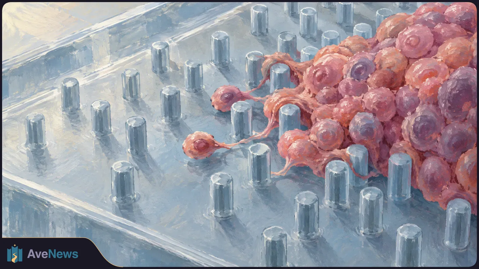 A pink cluster of rounded, cell-like forms sits among unevenly spaced blue-gray pillars, with several forms extending outward on thin strands. SI illustration