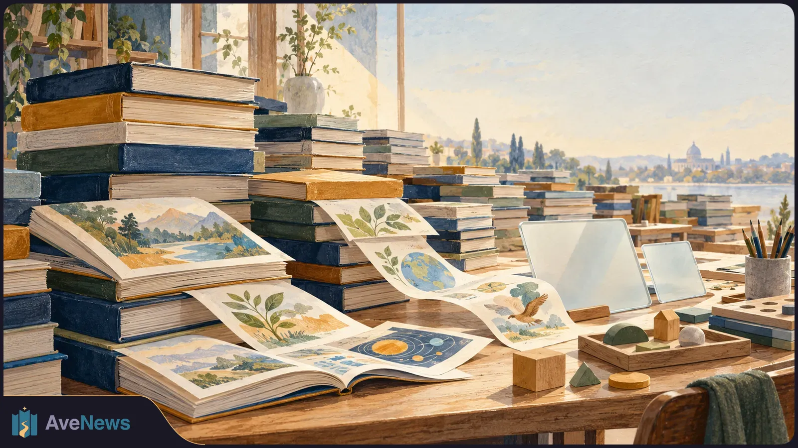 Painted stacks of books and open illustrated pages cover a desk beside two blank screens, with a waterside city visible through the windows. SI illustration