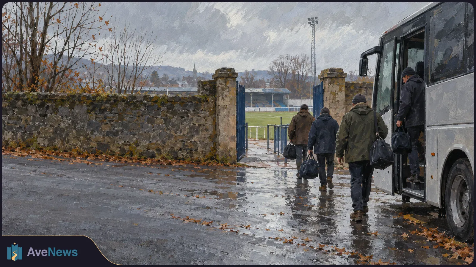 Painted scene of four people with bags beside a bus, heading through a stone-walled gate toward a football pitch on a wet, leaf-strewn day. SI illustration