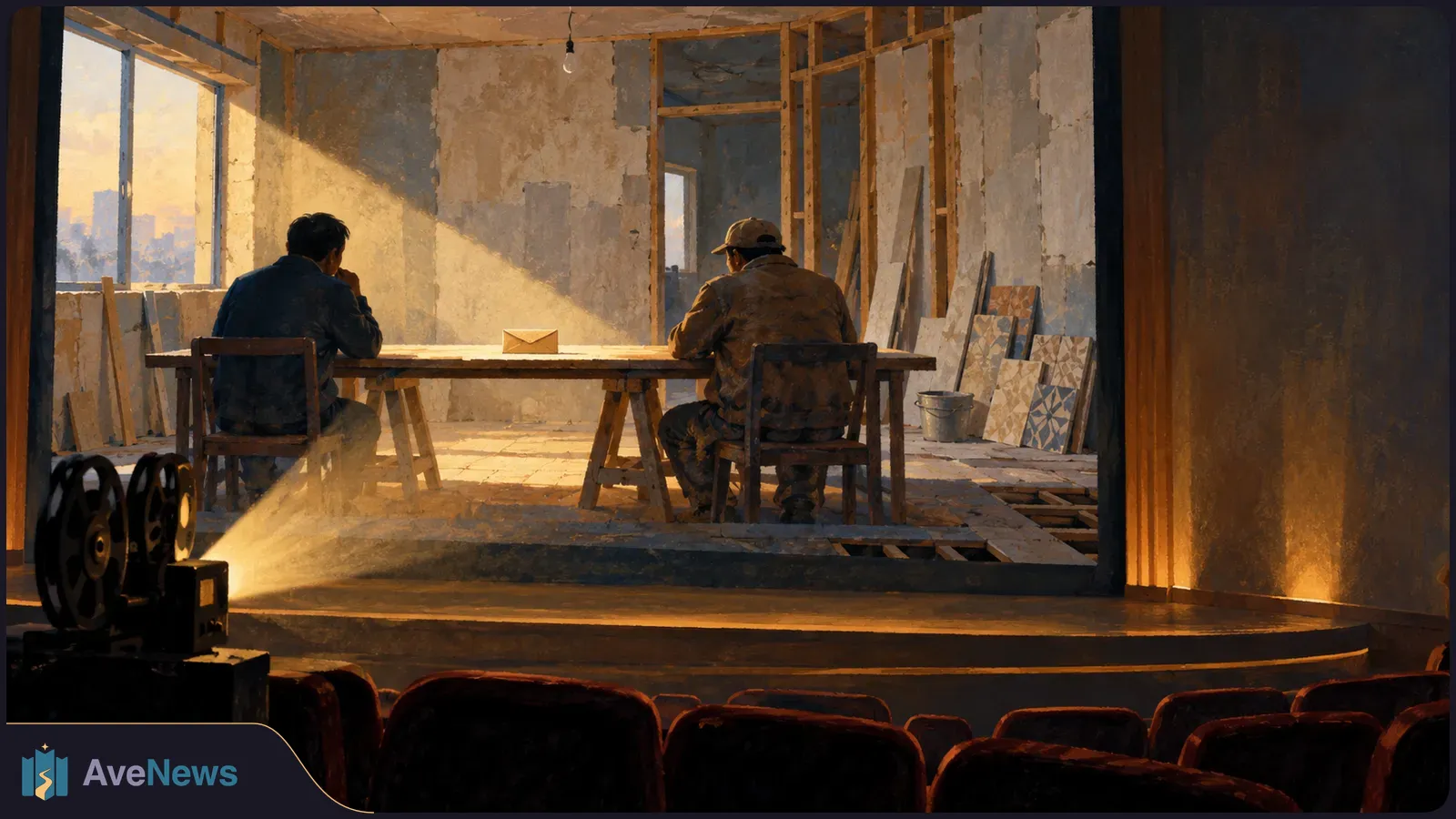 In a dim theater, a projector faces a lit scene of two men seated at a table in an unfinished room. SI illustration
