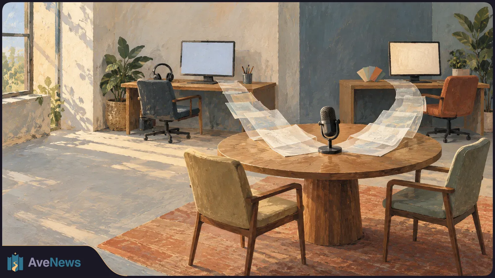 Painted office scene with two blank monitors on desks and a microphone on a round table. Translucent paper-like ribbons sweep from the desks toward the table. SI illustration