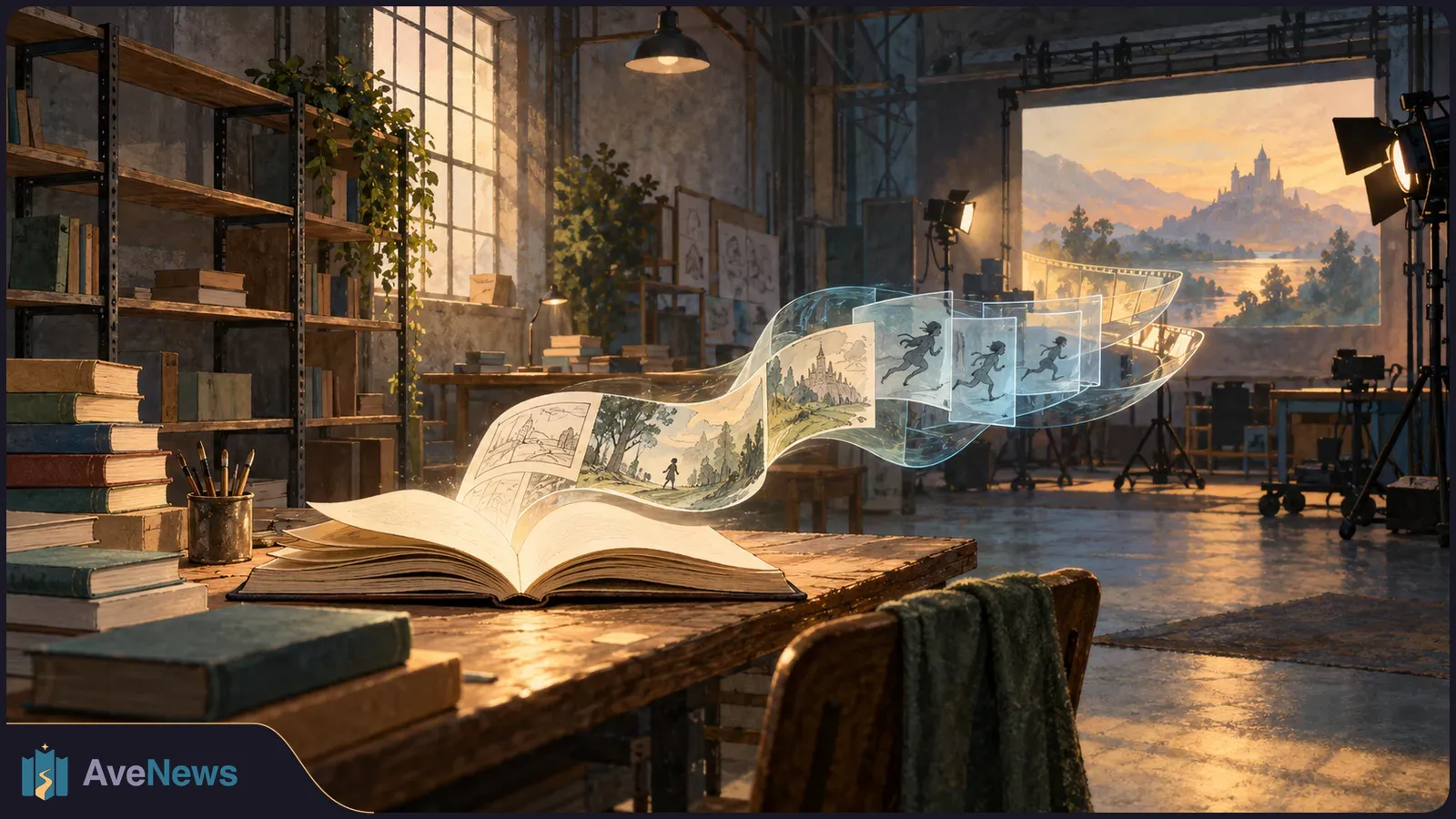 An open book on a studio table sends illustrated pages and translucent film frames toward a screen showing a castle landscape; lights and cameras surround it. SI illustration