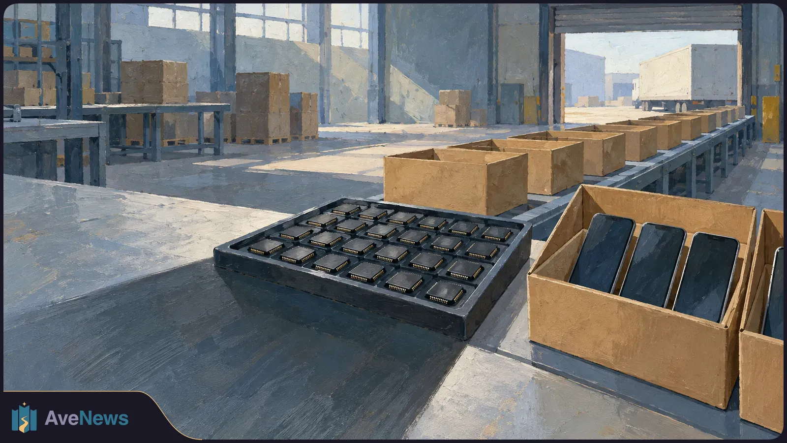 Painted warehouse scene with open boxes on a conveyor, a tray of microchips and dark-screen smartphones in a box; a truck is visible outside. SI illustration