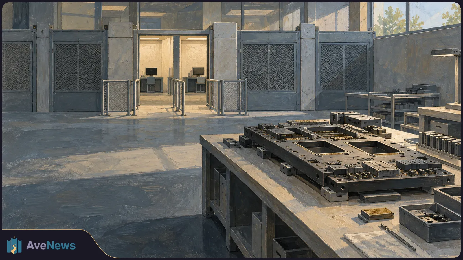 Painted electronics workshop with a large component-filled metal assembly on a workbench, mesh partitions, and two dark computer monitors in the back. SI illustration
