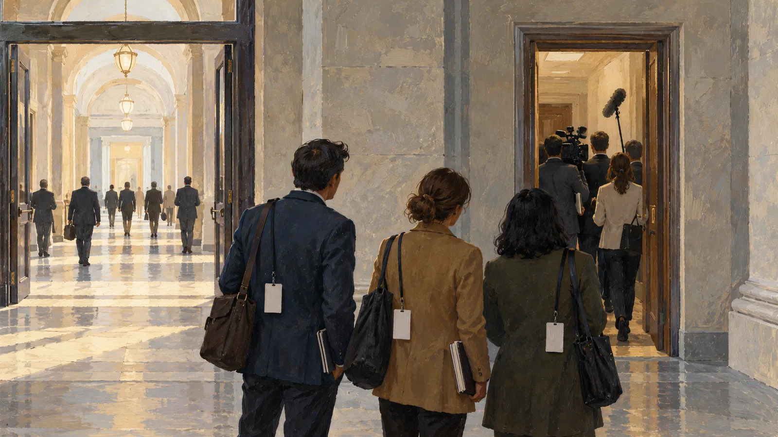 Illustration of three people with blank badges and shoulder bags in a grand hallway, facing a doorway where a camera crew and others are gathered. SI illustration