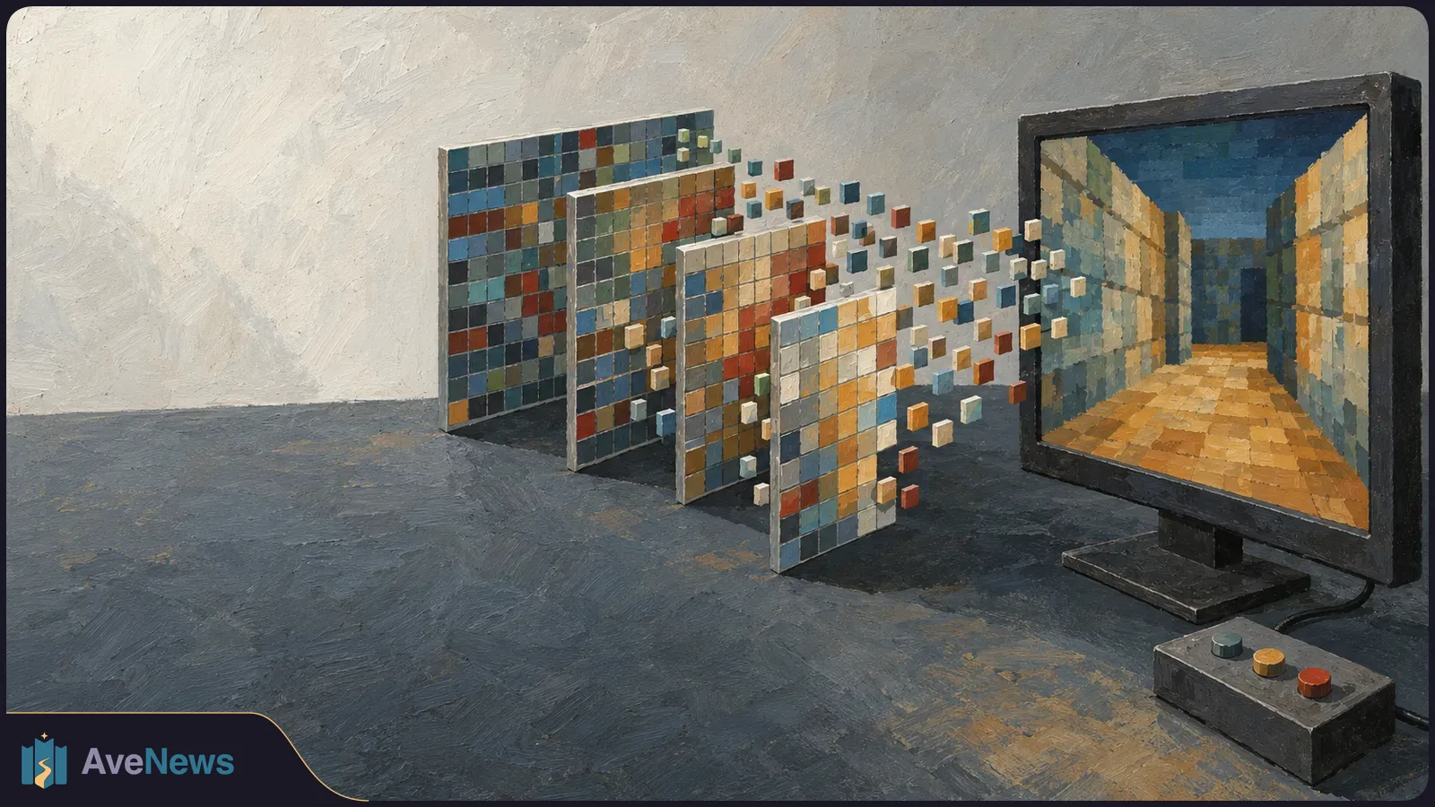 Four panels of colored squares break into small cubes leading toward a monitor showing a pixelated corridor; a three-button controller sits beside it. SI illustration