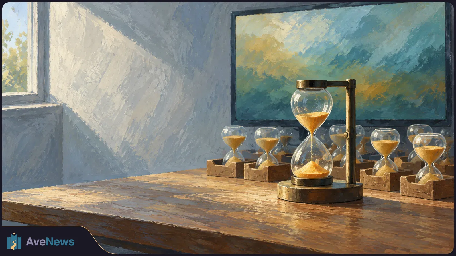 A large hourglass stands on a wooden table beside several smaller hourglasses, with a landscape on a screen behind them. SI illustration