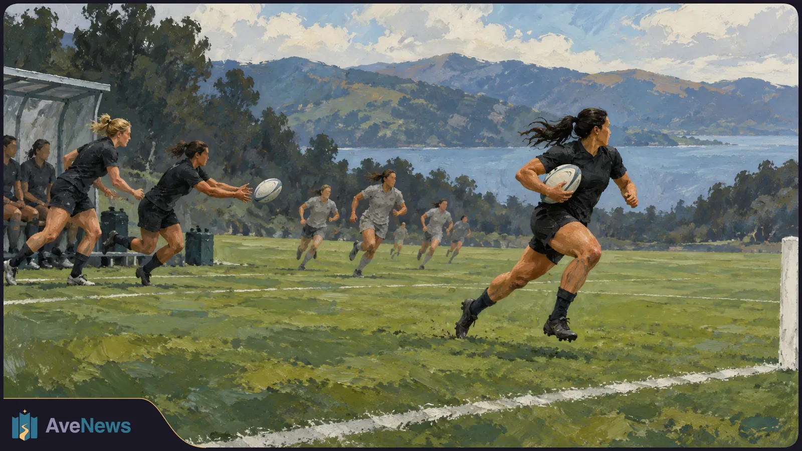 Painted scene of women playing rugby on a grassy field. A player in black runs with the ball as others chase, with a lake and mountains behind them. SI illustration
