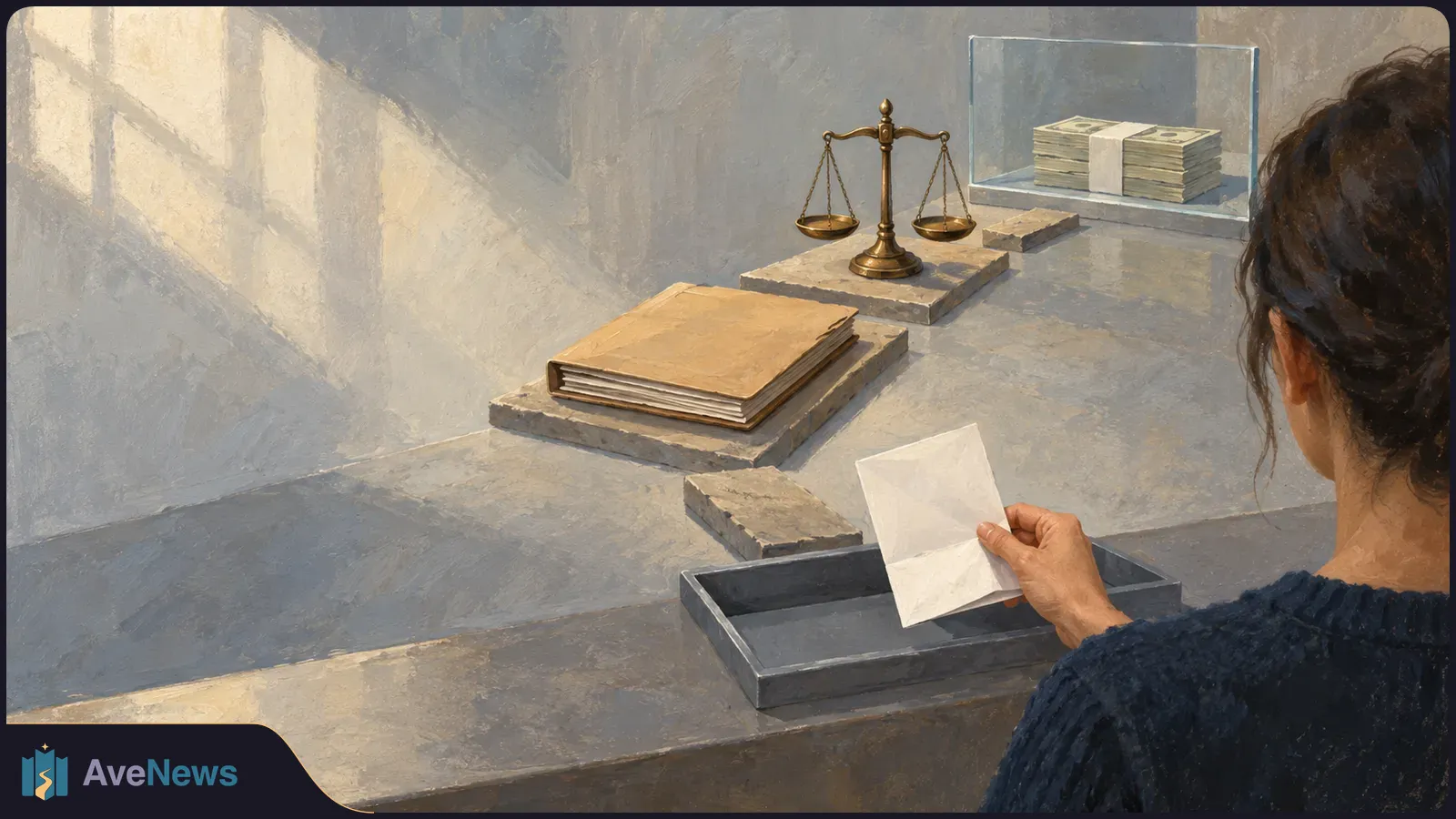A painted scene shows a woman seen from behind holding a blank sheet over a tray, with a folder, balance scale and stacks of cash on a counter. SI illustration
