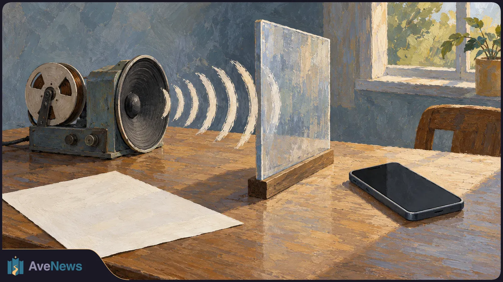A painted scene shows a reel-to-reel speaker sending white sound waves through a translucent panel toward a dark-screen phone on a wooden table. A blank sheet lies nearby. SI illustration