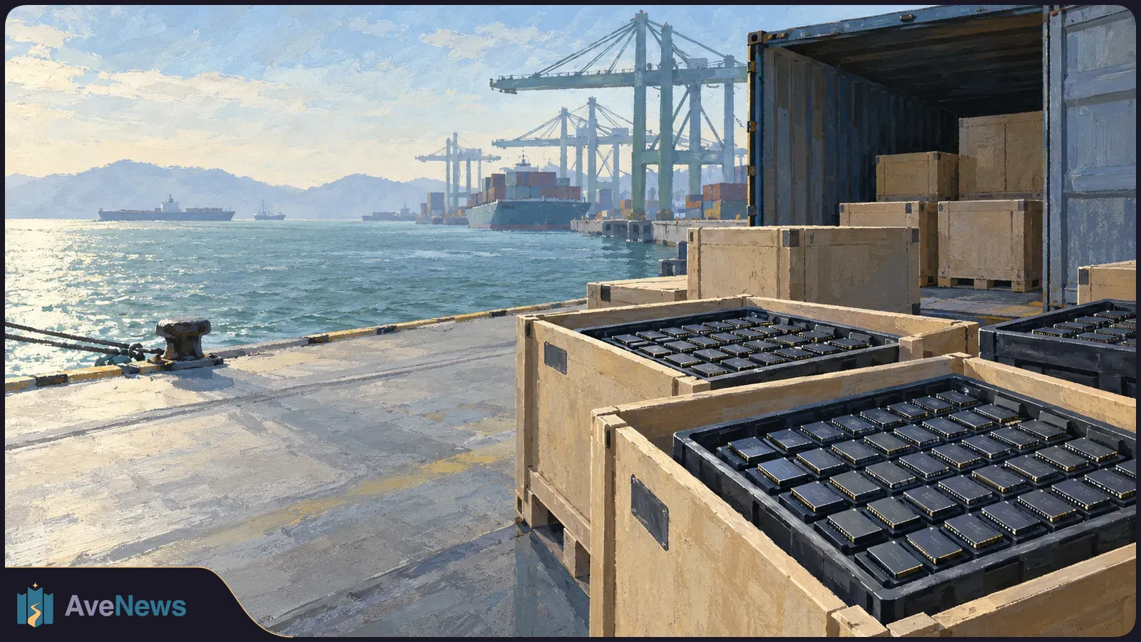 Crates of black microchips sit beside an open shipping container on a sunlit dock, with cargo cranes and ships across the water. SI illustration