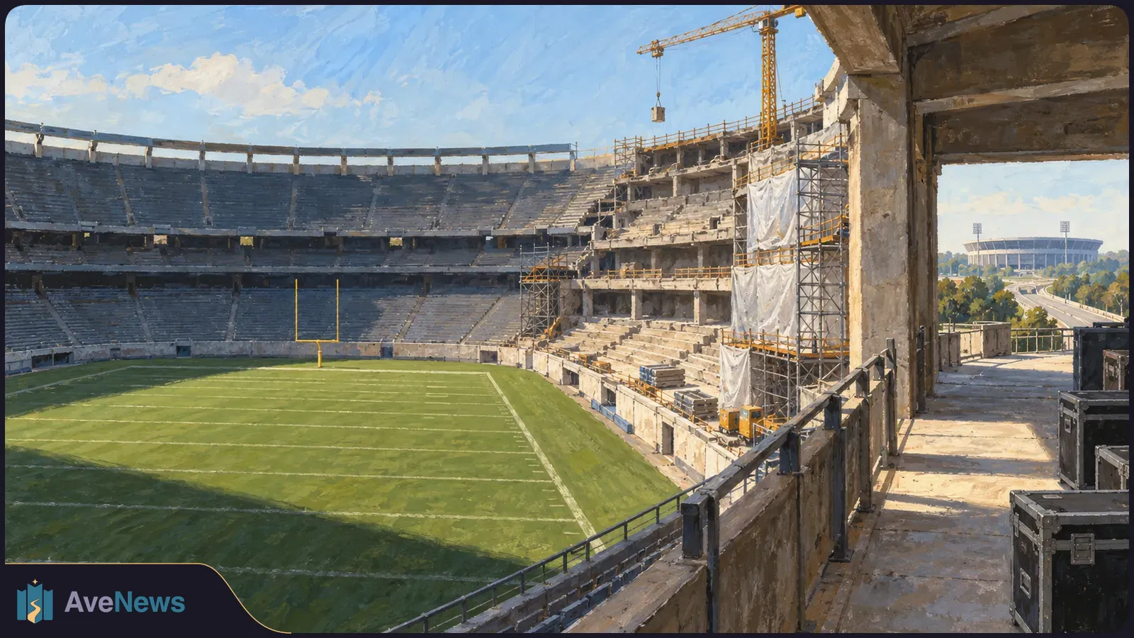 Illustration of an empty American football stadium with a green field, goalposts, scaffolding and a crane beside stands under renovation. SI illustration