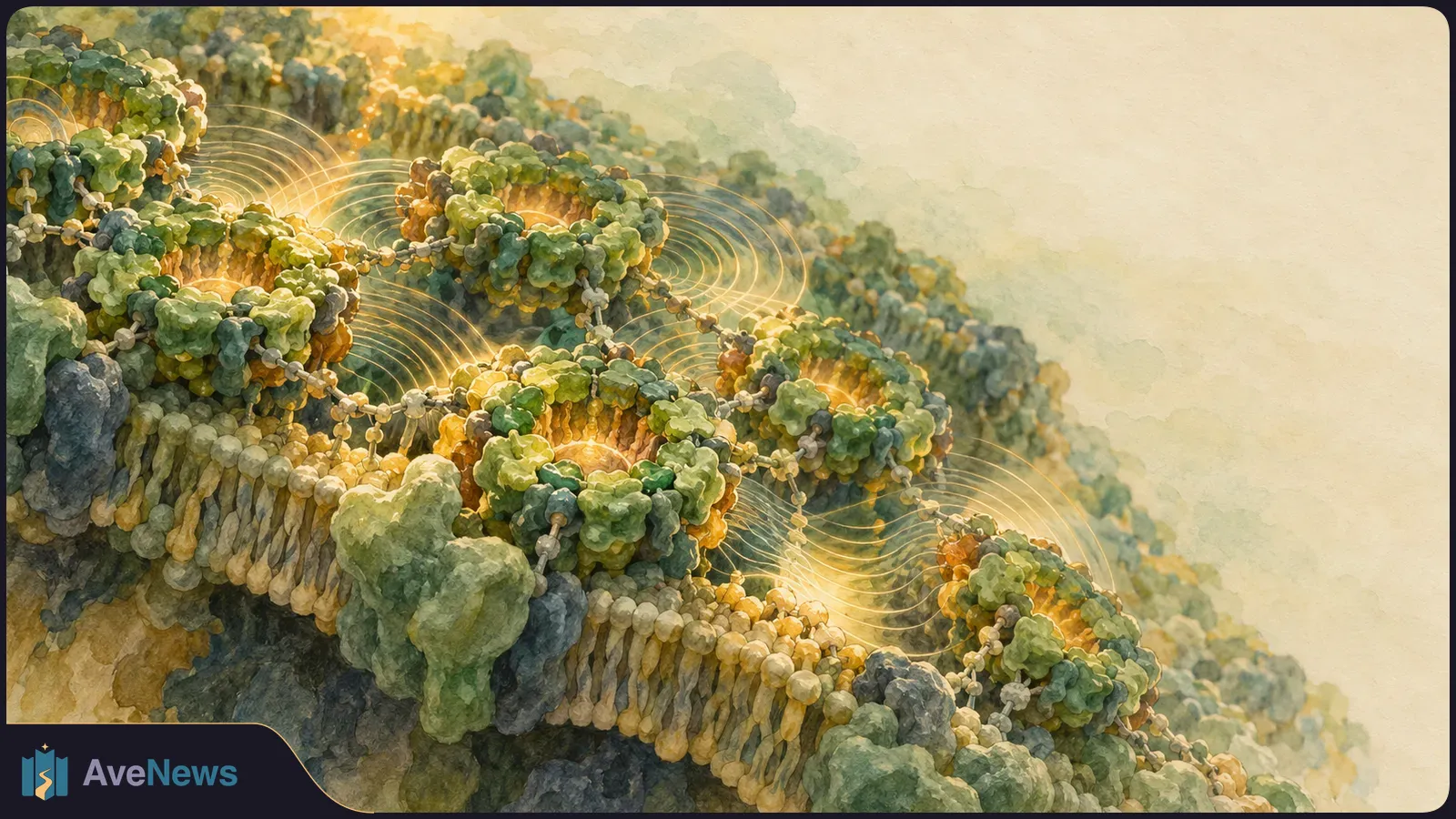 Watercolor illustration of green and gold protein-like clusters along a membrane, linked by bead-like chains, with glowing concentric waves around them. SI illustration