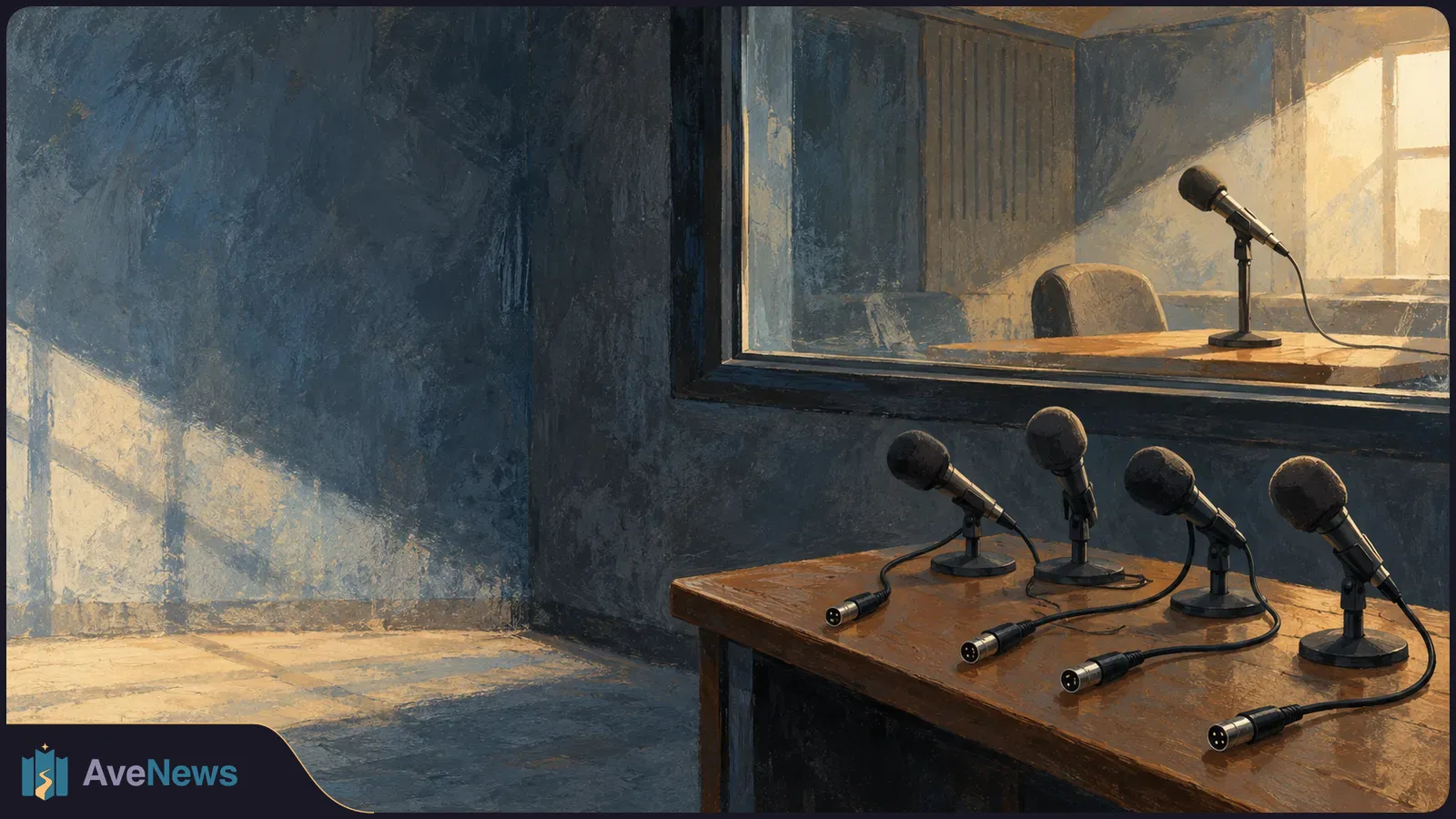 Painterly radio studio with four microphones and loose cable ends on a foreground table. Through a glass window, one microphone faces an empty chair. SI illustration