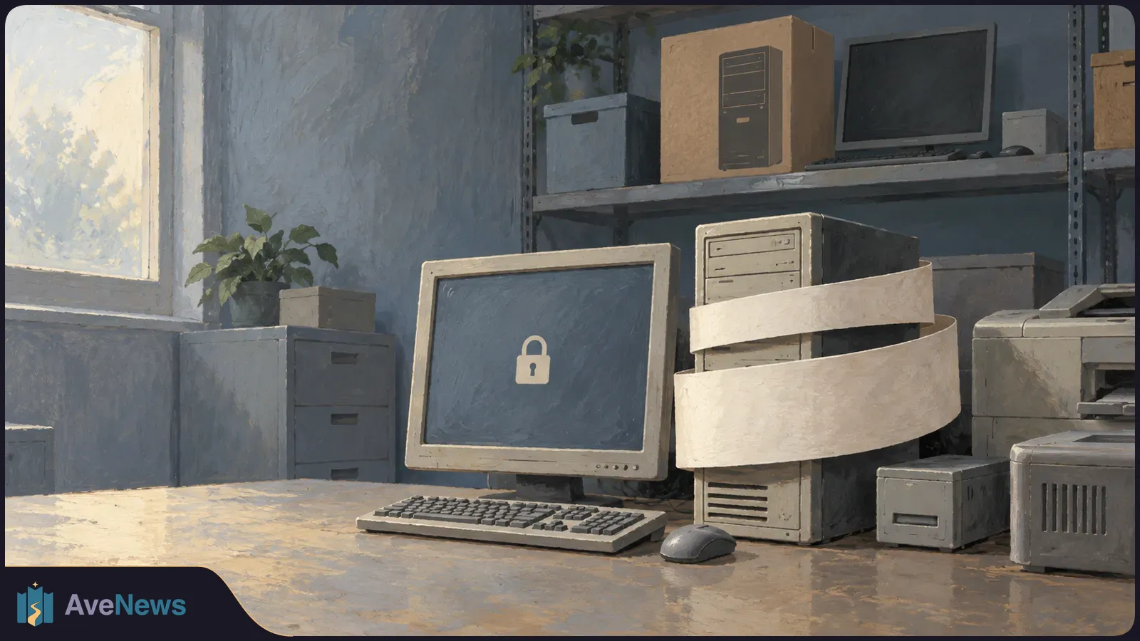 Painted scene of older desktop computers in a storage room. A padlock icon appears on the front monitor, and a pale band wraps around a computer tower. SI illustration