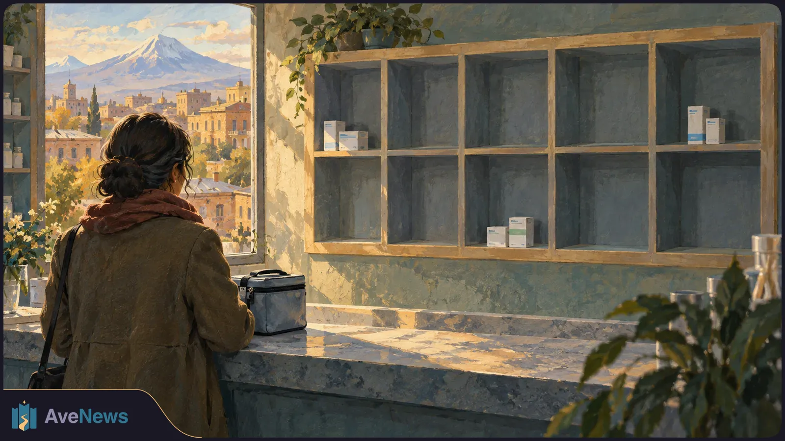 A woman seen from behind stands at a pharmacy counter facing mostly empty shelves with a few medicine boxes. A city and snowcapped mountain are visible through the window. SI illustration