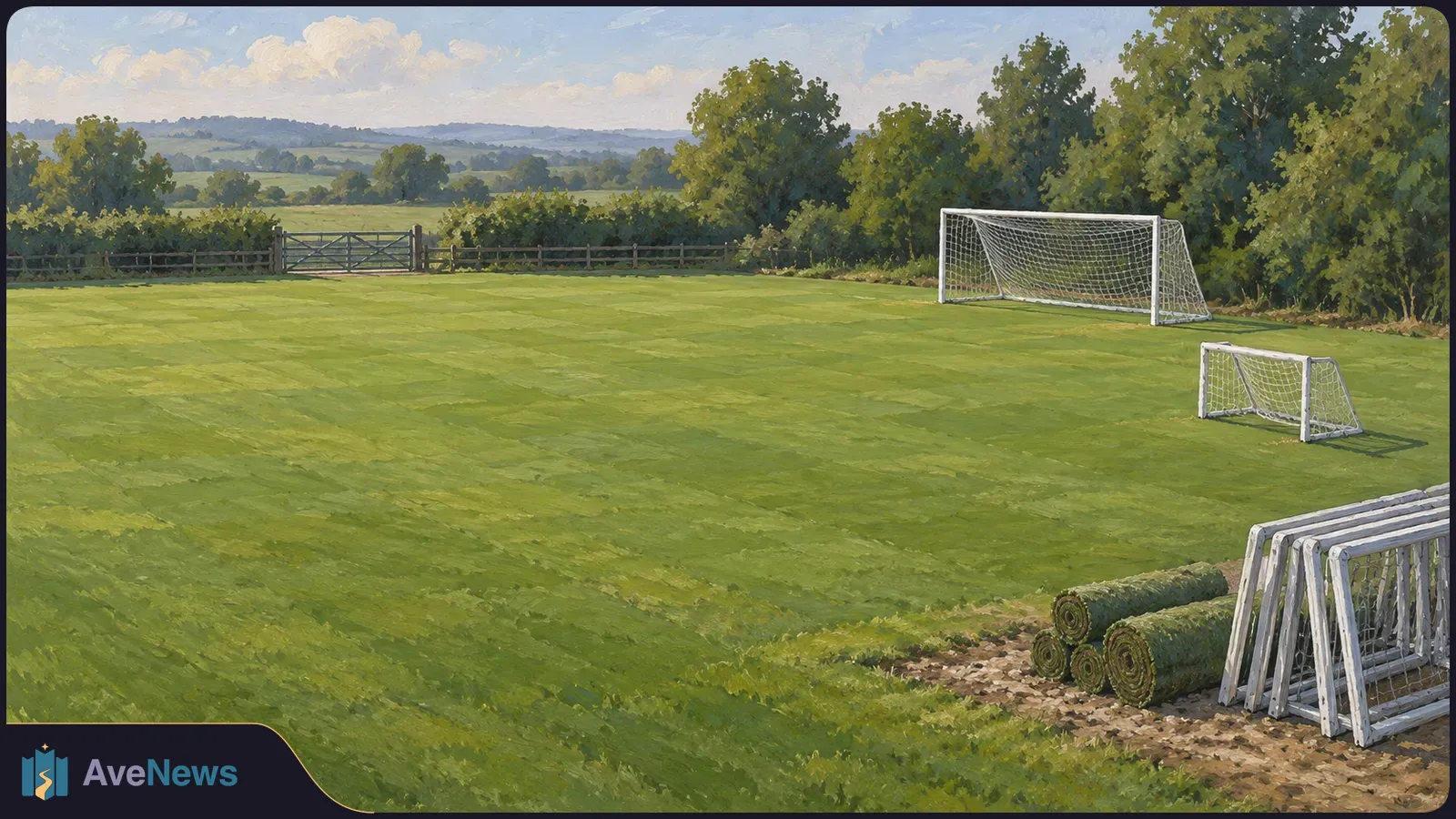 Painted view of an empty grass football field with two goals, rolled turf and stacked goal frames, bordered by trees and a fence. SI illustration