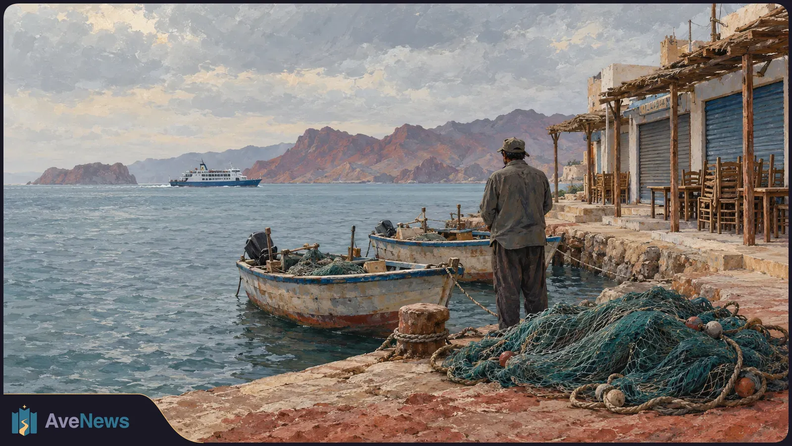 Painted coastal scene with a person seen from behind beside two moored fishing boats and piled nets. Shuttered waterfront buildings line the shore; a ferry crosses the water against mountains. SI illustration
