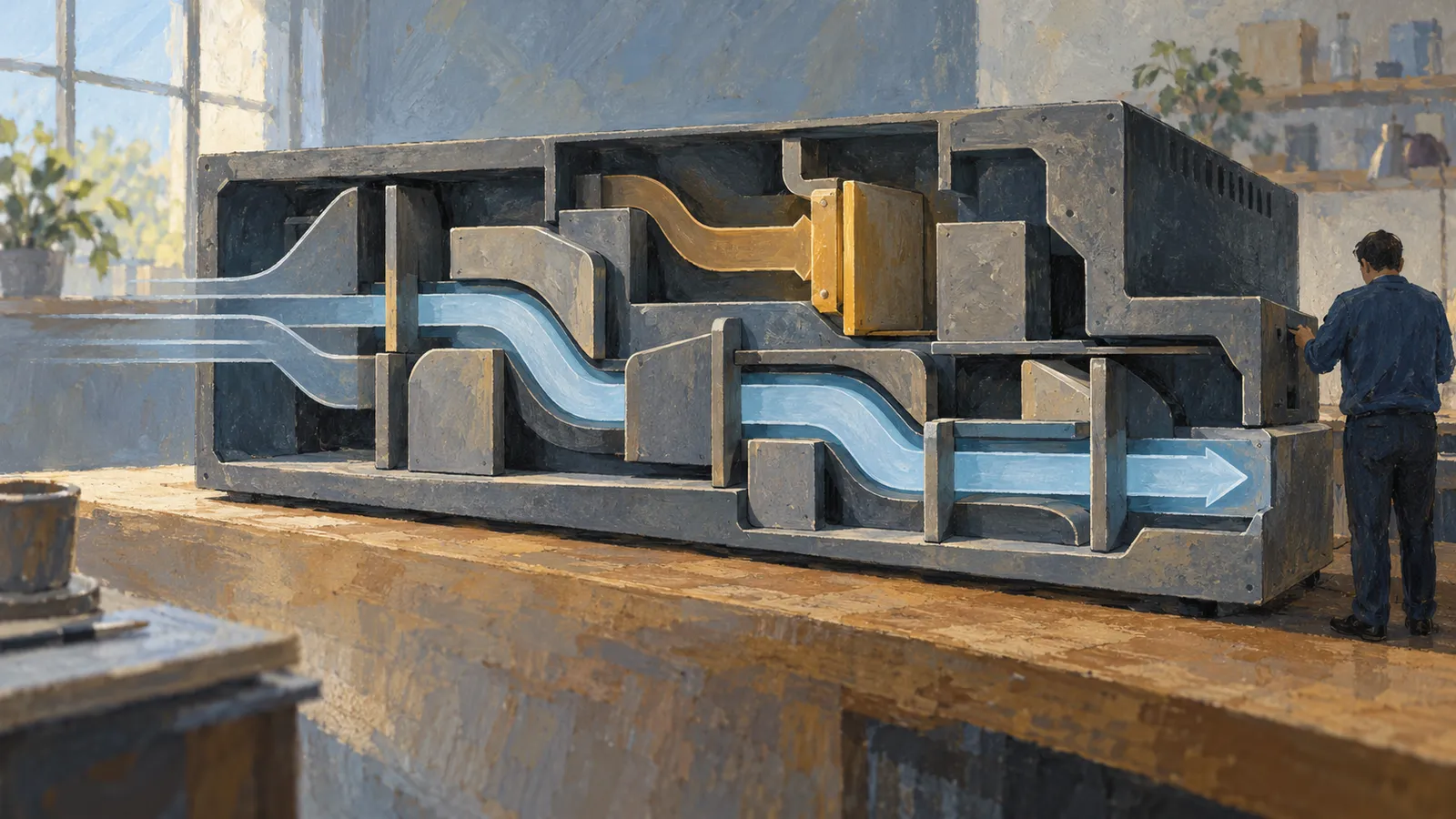 A painted cutaway of a large gray device on a workbench, with a blue path and arrow winding through it. A person stands at its right side. SI illustration