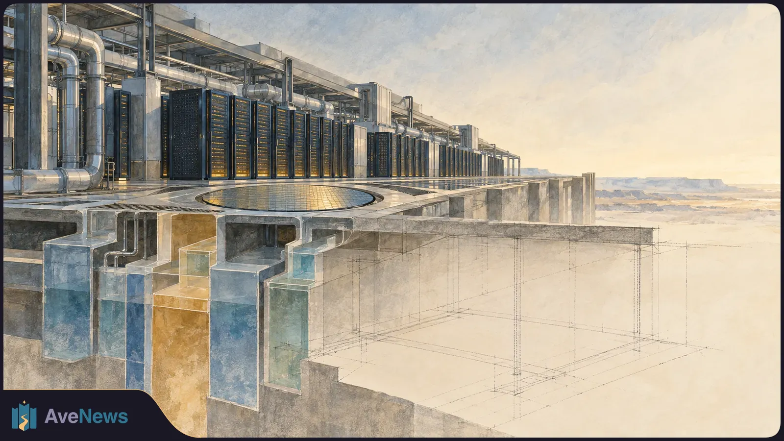 Watercolor-style illustration of server racks and cooling pipes atop a large concrete structure, with exposed foundation sections and drafting lines below. SI illustration