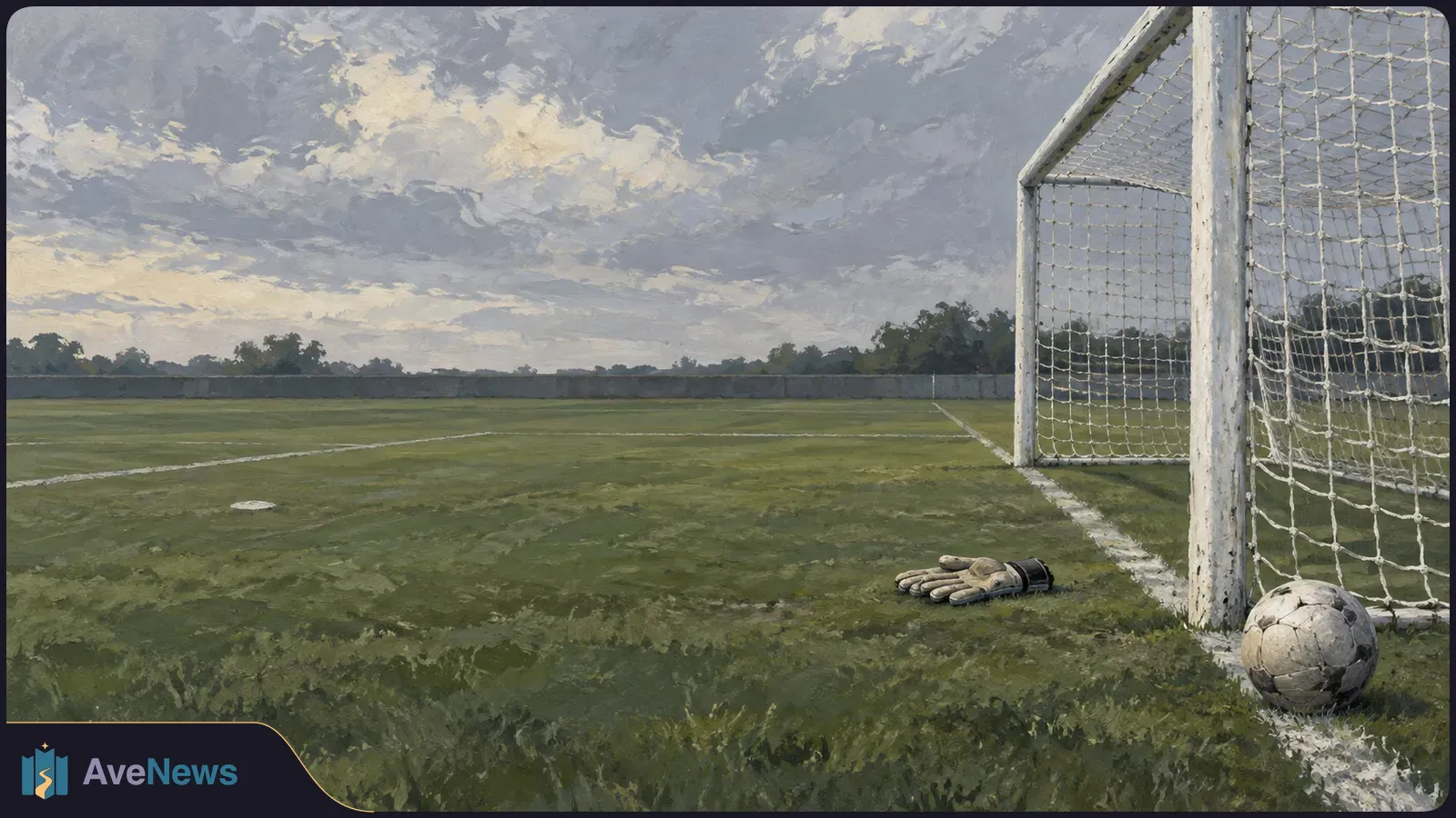 Painted view of an empty soccer field under a cloudy sky, with a white goal, goalkeeper gloves and a worn ball near the goal line. SI illustration