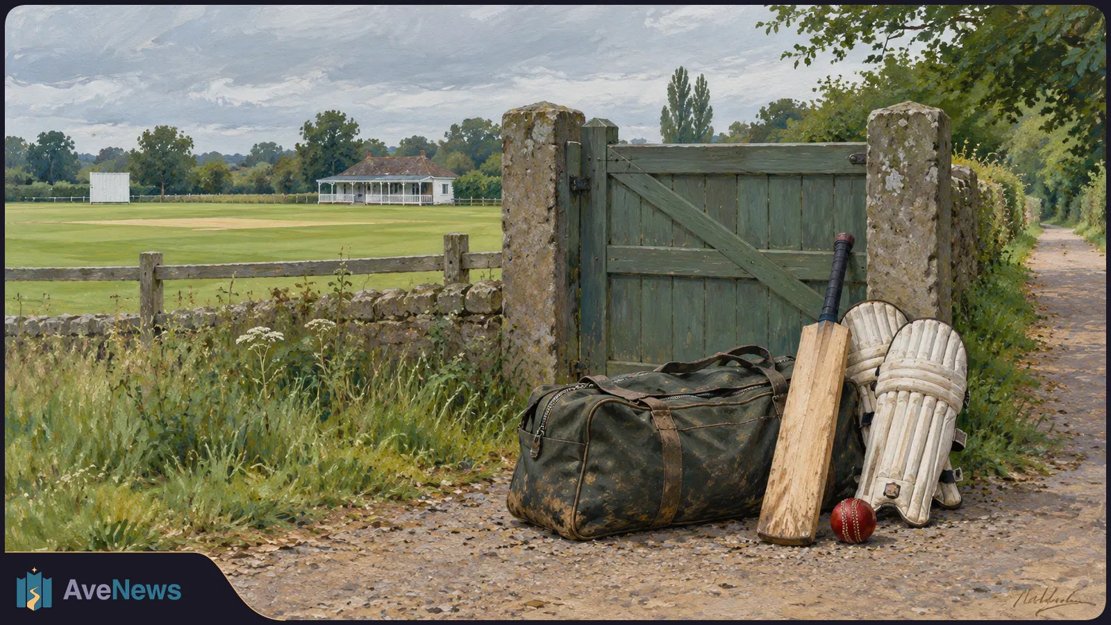 A cricket bat, pads, ball and kit bag rest beside a green gate overlooking a grassy cricket field and pavilion. SI illustration