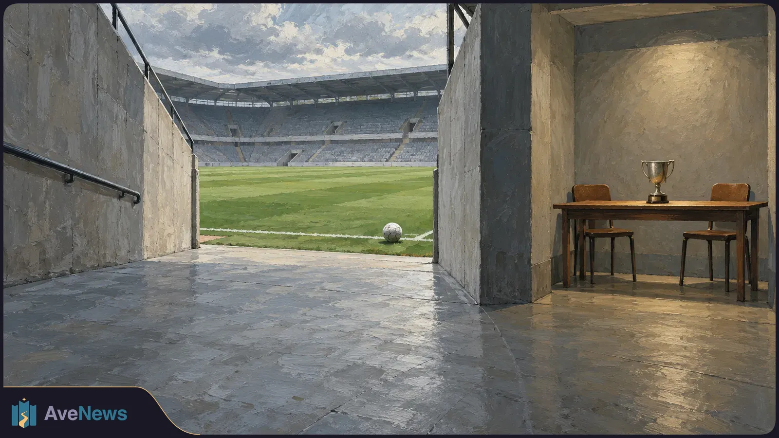 A painted stadium tunnel opens onto an empty football pitch. A ball rests by the touchline, while a trophy sits on a table between two vacant chairs. SI illustration