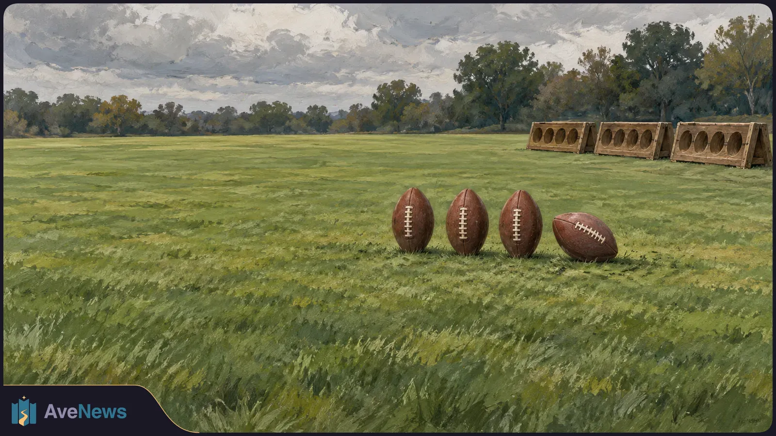 A painted grassy field with three American footballs standing upright and a fourth on its side; wooden targets and trees sit beneath a cloudy sky. SI illustration