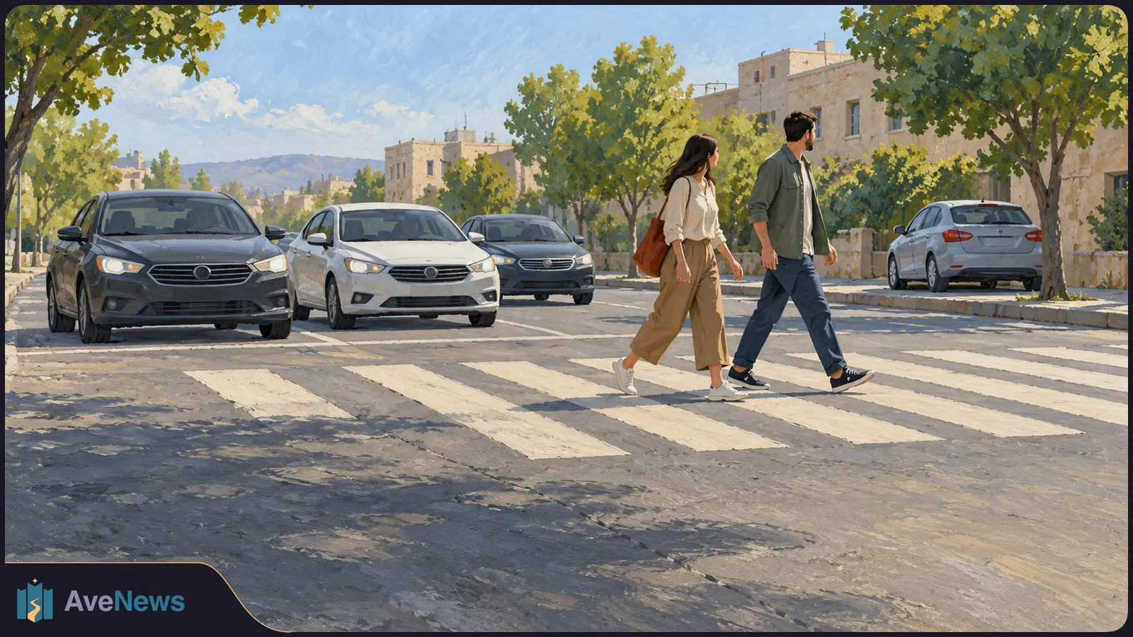Illustration of two people crossing a striped crosswalk, with several cars on a tree-lined street and stone buildings behind them. SI illustration